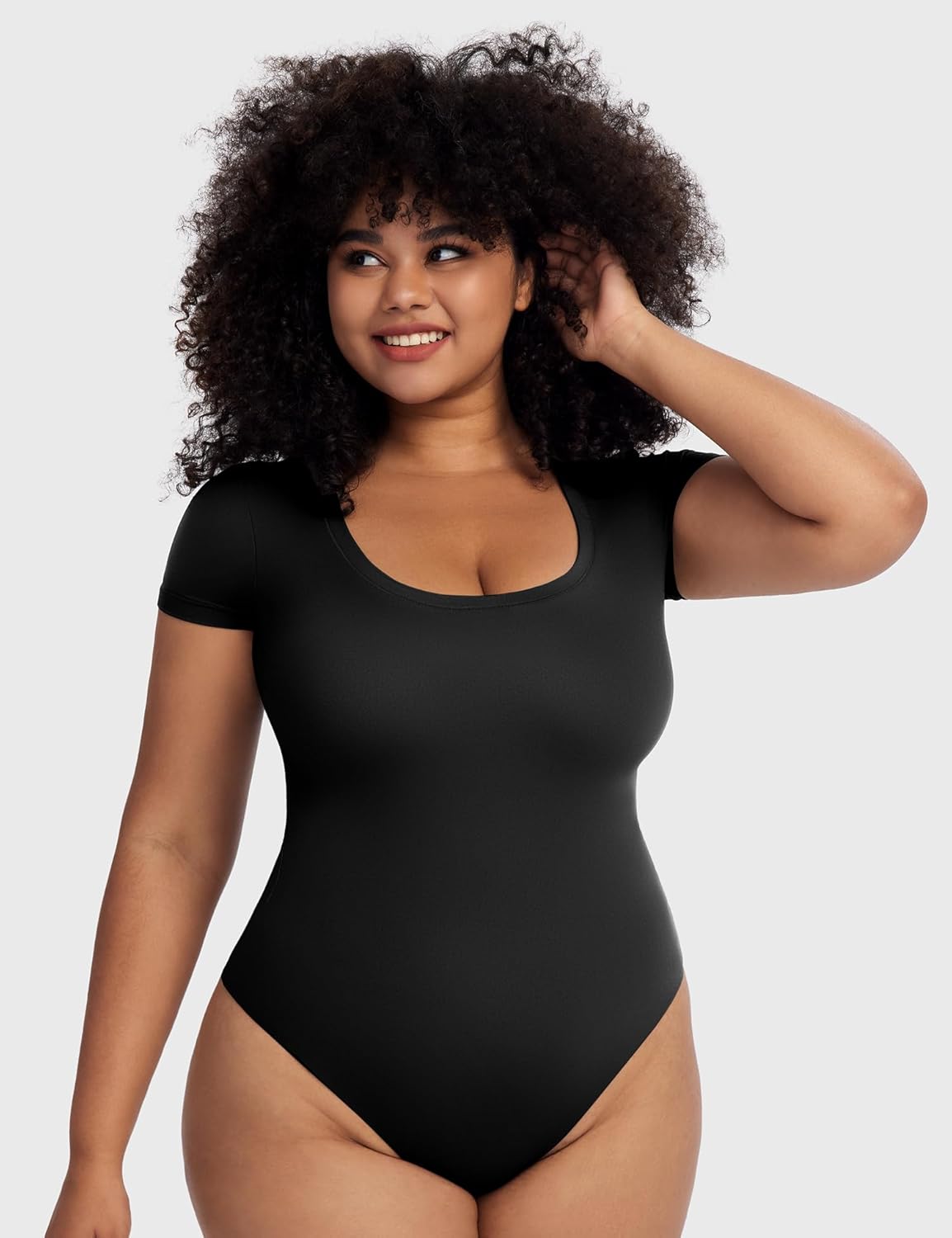 PUMIEY Women's Scoop Neck Short Sleeve Bodysuit Slimming Fit Body suit Top Smoke Cloud Pro Collection - Image 3