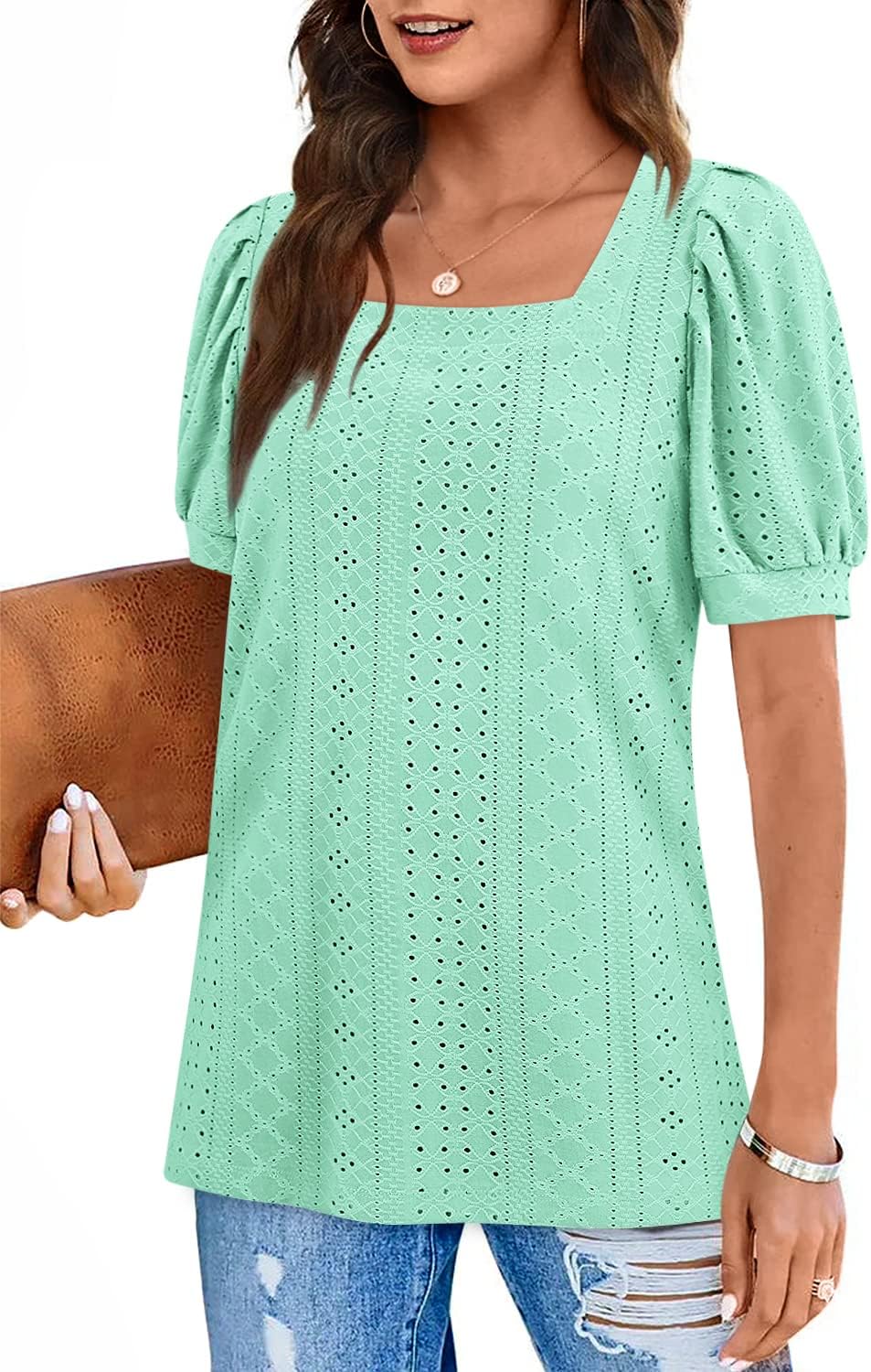 BZB Womens Summer Tops Square Neck Short Sleeve Tunic Tops Fit Style Eyelet T-Shirts S-2XL - Image 4