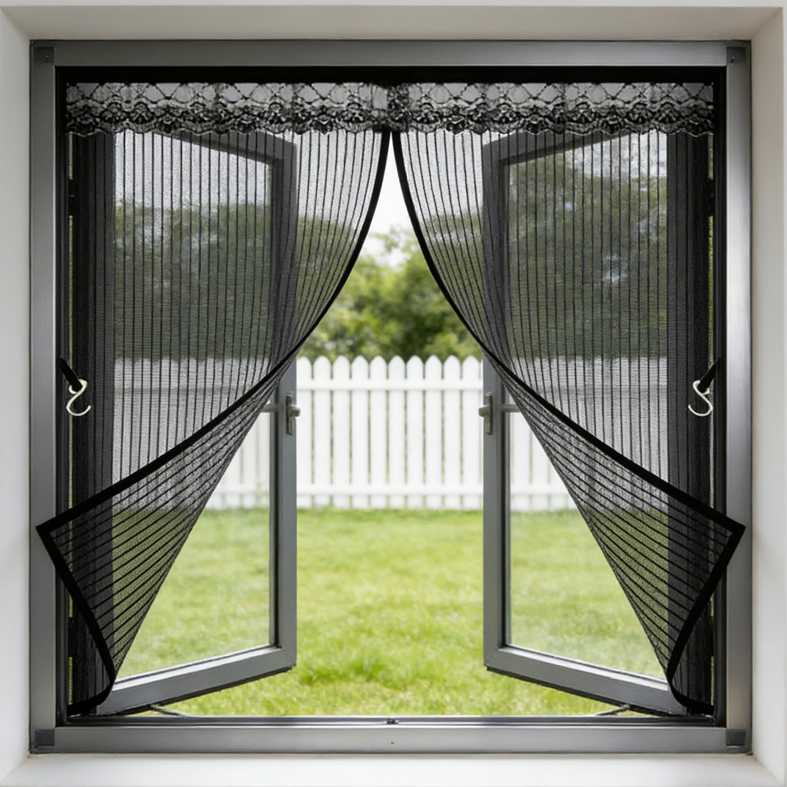 Moustiquaire fenêtre 145x149 cm aimantée rideau noir pour patio