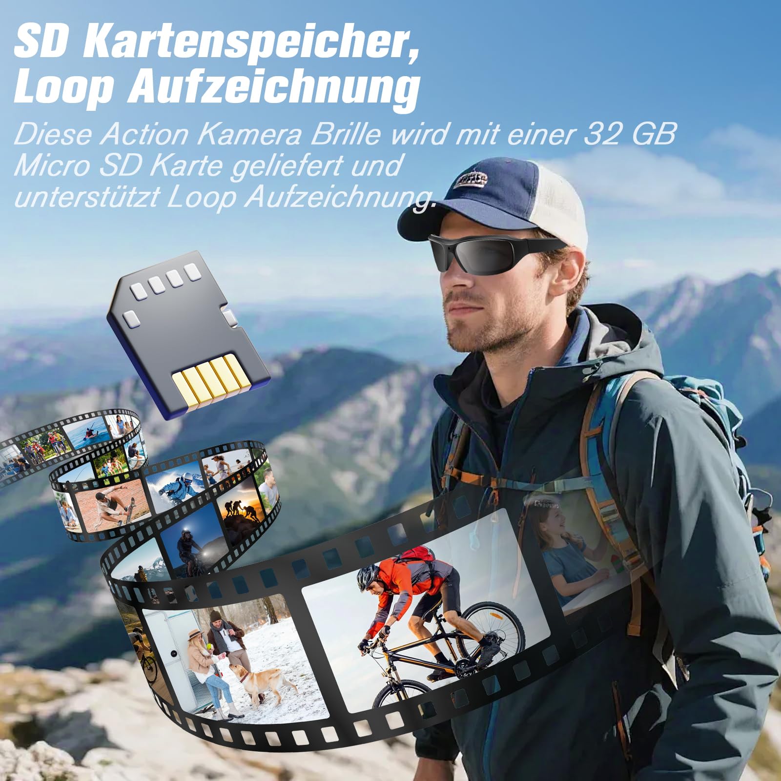 Action Cam, 32GB Sportbrille mit Kamera, Mini Actionkamera 1080P HD, Kleine Videokamera Sonnenbrille Kamera Videoaufzeichnungsbrille unterstützt Foto für Outdoor Aktivitäten UV-Filter