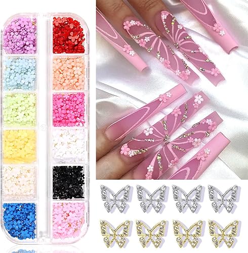 Kit de dijes de uñas de cristales de mariposa de acrílico 3D, tachuelas de flores coloridas con perlas de caviar, aleación de metal, diamantes de