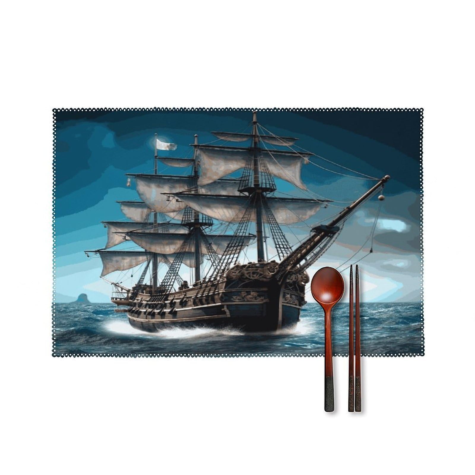 Pirate Ship Placemats Set of 4 Canvas Place Mats Non-Slip Heat Resistant Table Mats Washable Waterproof Placemat Wipeable Tablemats for Kitchen Dining Decor Place Mat