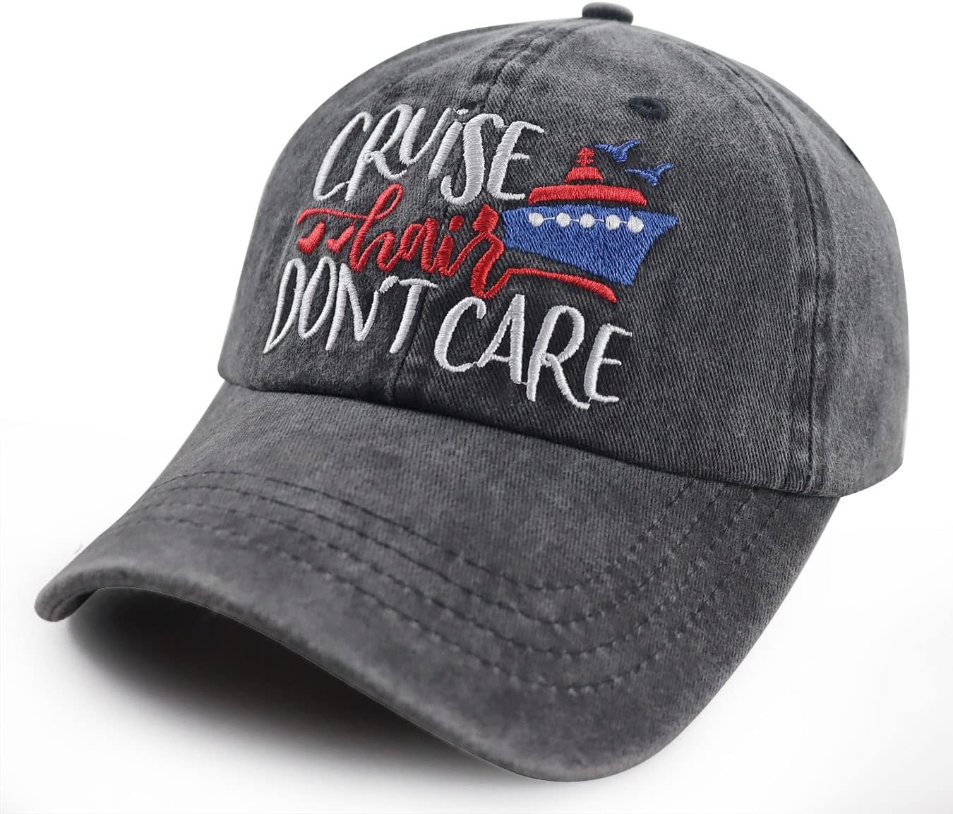 Cruise Hair Don't Care Hats for Men Women, Adjustable Vintage Embroidered Washed Cotton Denim Boat Baseball Cap - Image 2
