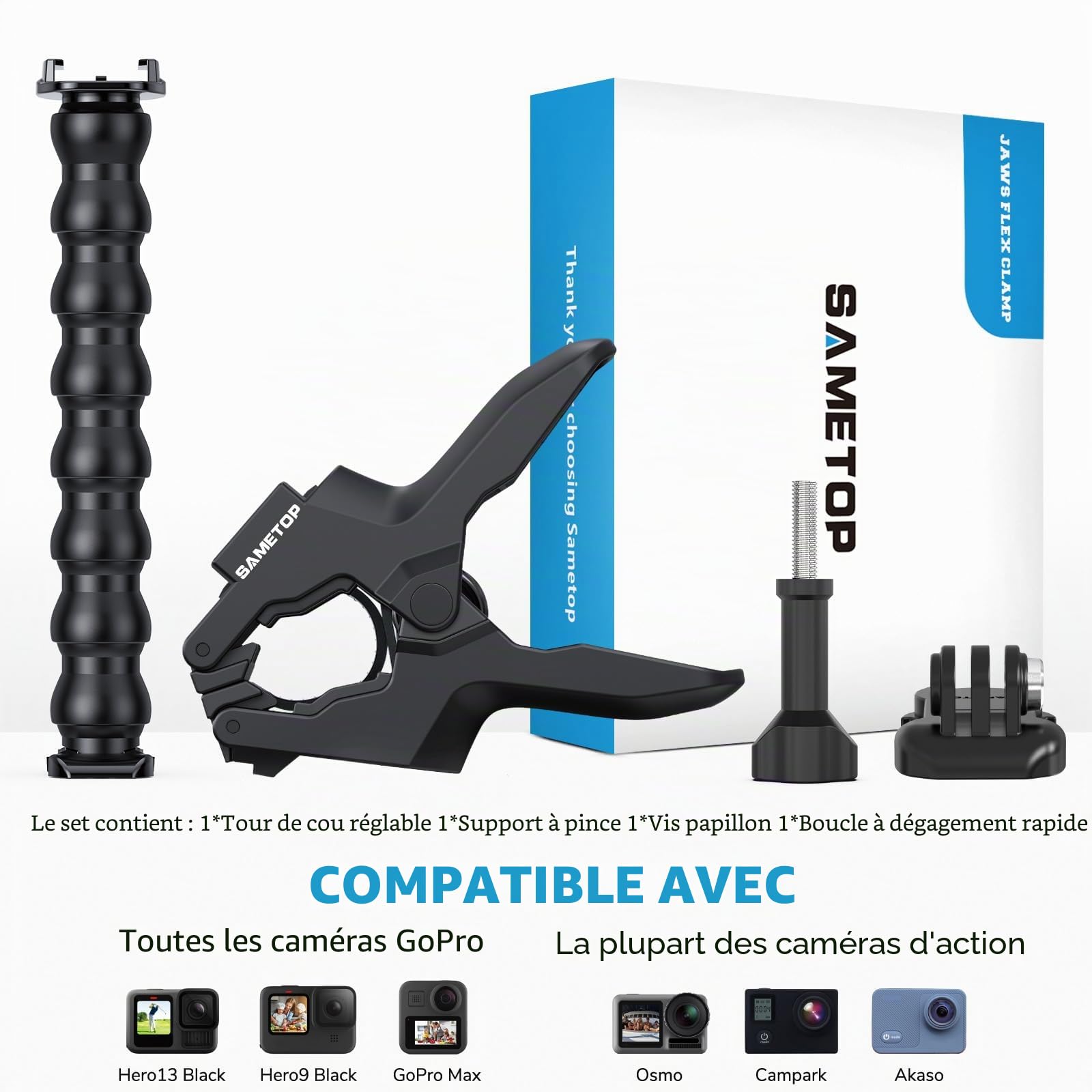 Fixation Pince Jaws Clamp Flexible Bras de Serrage Support Mâchoires Col de Cygne Compatible avec GoPro Hero 13 12 11 10 9 8 7 6 5 Session DJI Caméras d'action