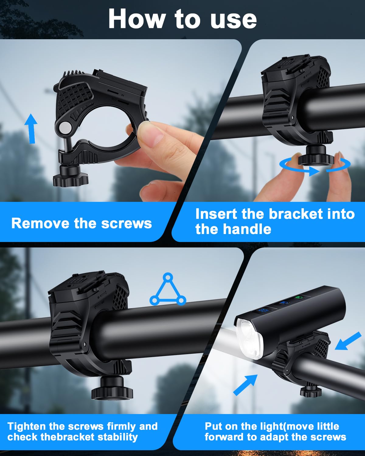 Luci anteriori da 1200 lumen per guida notturna, 5+5+3 modelli e display di potenza a LED, faro per bicicletta ruotabile a 360° con abbaglianti anabbaglianti, 5000 mAh, ricaricabile e