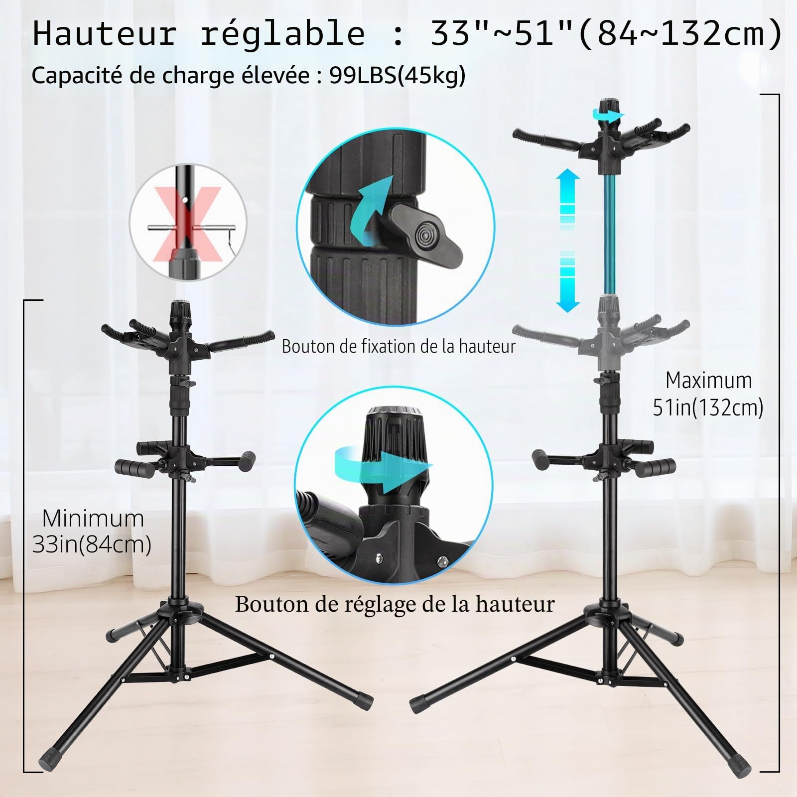 GUITTO Triple support de sol universel pour guitares acoustiques, électriques, basses, banjos, multi-guitares GGS-06T