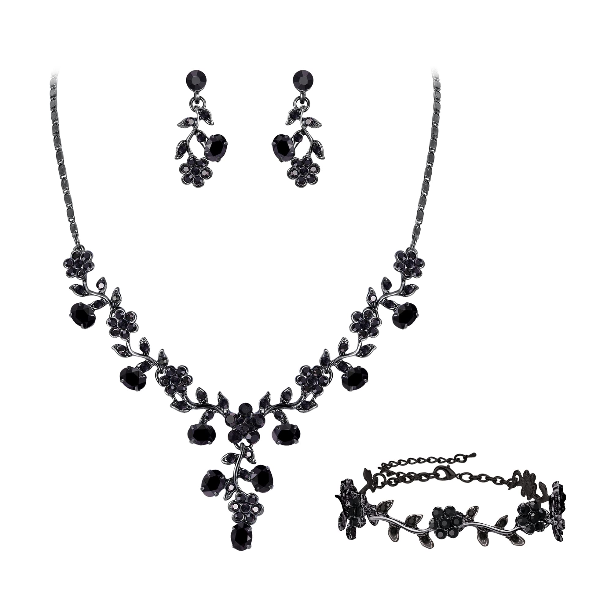 EVER FAITH Juego de joyas para novia de fiesta de boda con cristal austriaco, flor, collar, pendientes y pulsera, color negro, Cristal