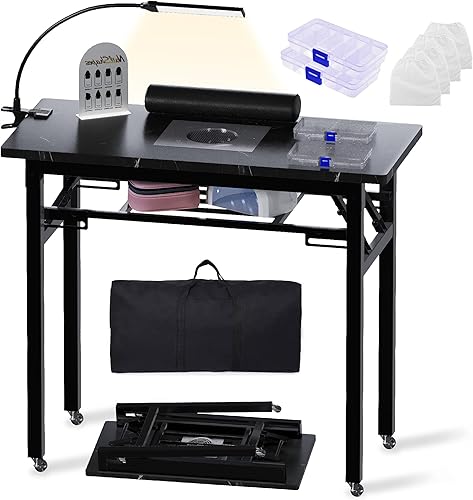 Mesa de manicura portátil y plegable con colector de polvo, escritorio rodante para técnico de uñas con lámpara de luz LED, cojín de muñeca, ruedas