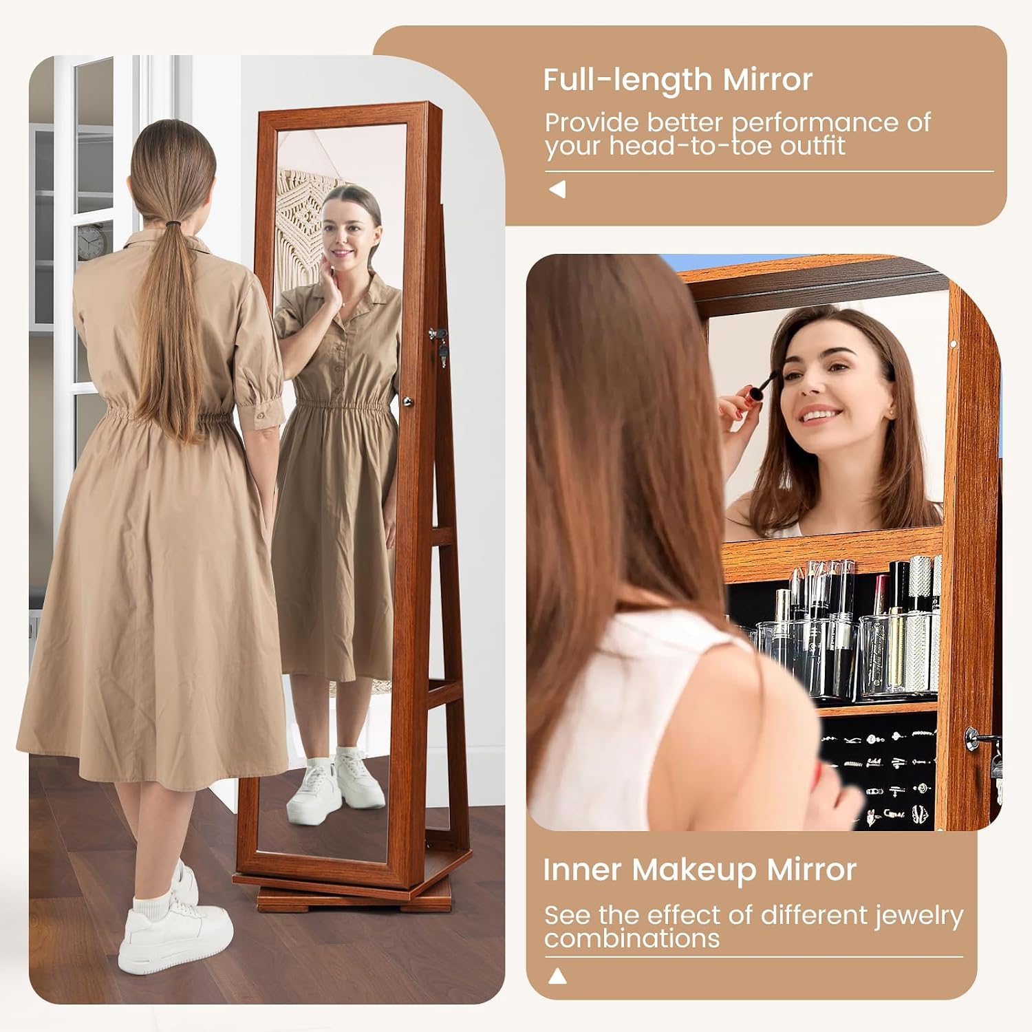 GOFLAME 360° Rotating Jewelry Armoire, Lockable Jewelry Cabinet with Full-Length Mirror & Inner Makeup Mirror, Standing Jewelry Storage Organizer with Rear Storage Shelves, Walnut