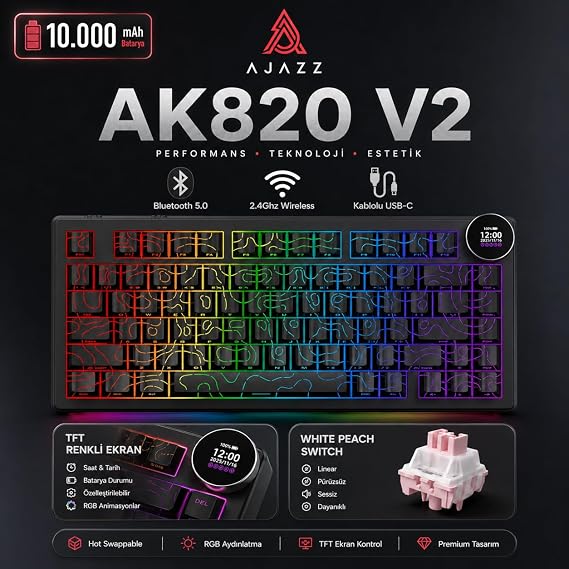 Coverzone Ajazz AK820 V2 White Peach Switch Kablosuz Manyetik Oyuncu Klavyesi 8K Hz 0.01mm RT 0.125ms Gecikme TFT Ekran 10000mAh RGB Bluetooth 5.0 2.4GHz USB-C (AK820 V2 - Black)