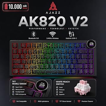 Coverzone Ajazz AK820 V2 White Peach Switch Kablosuz Manyetik Oyuncu Klavyesi 8K Hz 0.01mm RT 0.125ms Gecikme TFT Ekran 10000mAh RGB Bluetooth 5.0 2.4GHz USB-C (AK820 V2 - Black)