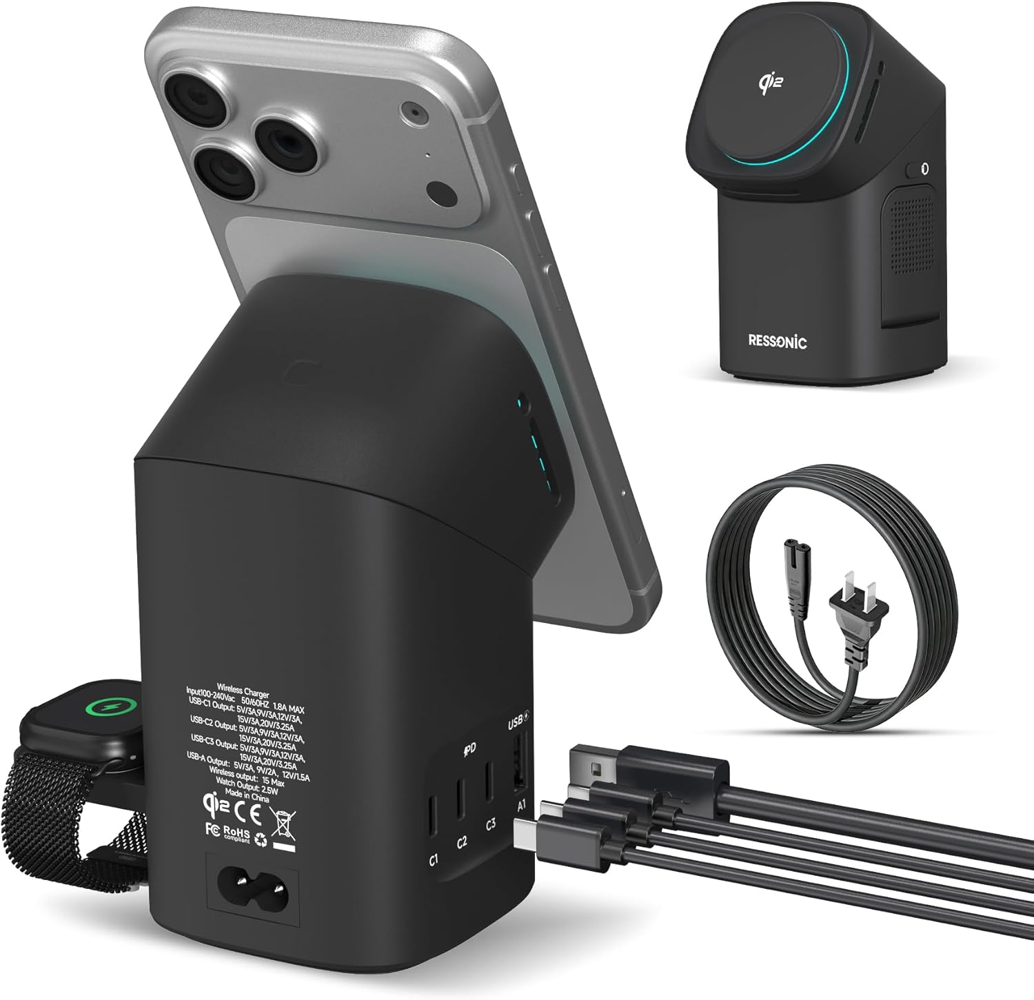 6-in-1 Charging Station, Desktop Charger with QI2 15W Wireless & 65W USB-C Hub, 3 USB-C + USB-A, Smart Power for iPhone, Android, Earbuds, Watch, Laptop for Office Desk & Nightstand (Black)