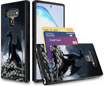 for LG K51 Case with Card Holder,Heavy Duty Protective Dual Layer Shockproof Hidden Card Slot Slim Wallet Case for LG K51,Dragon on Skulls and Roses