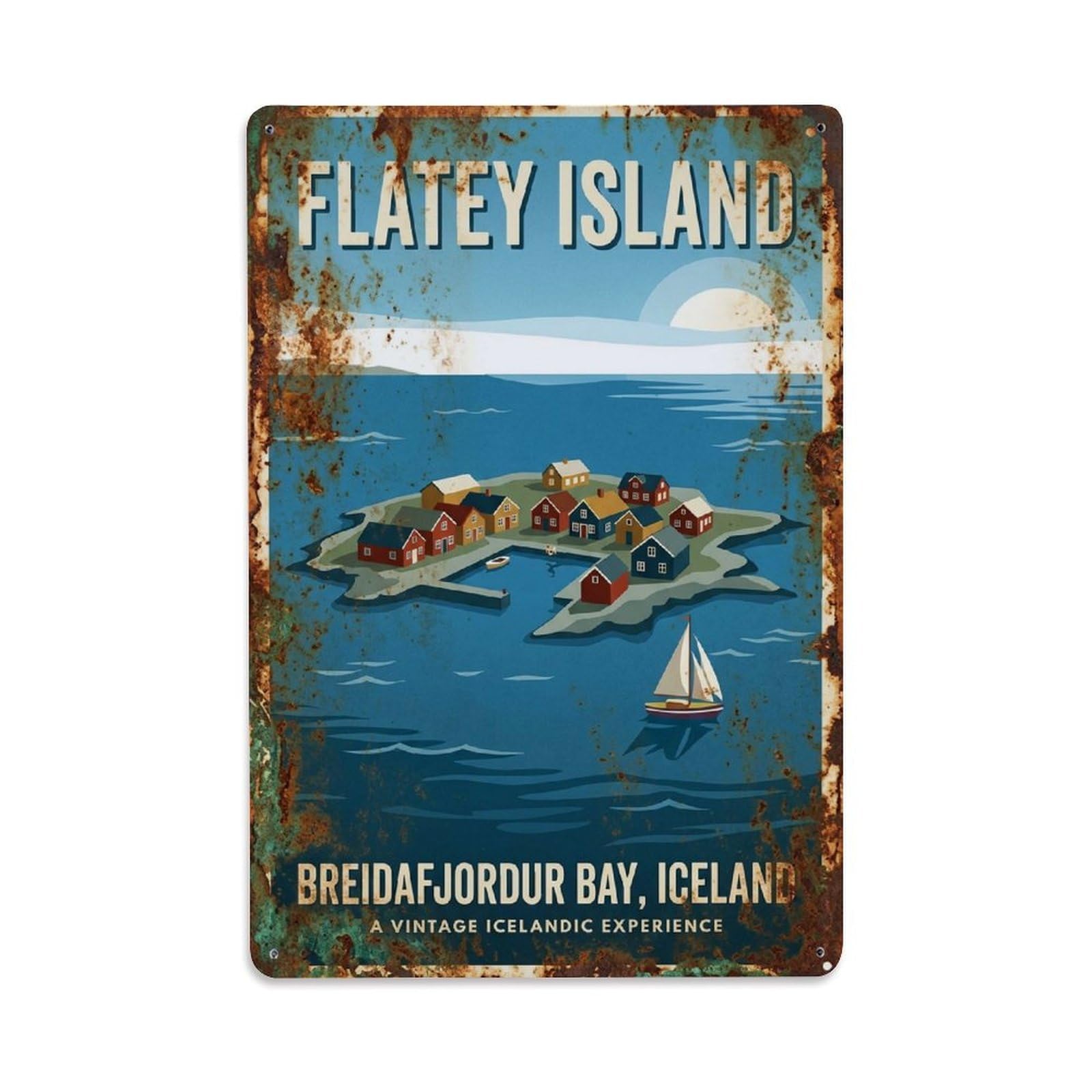 Vintage Travel Flatey Iceland Island Metal Tin Sign Plaque Wall Decor for Cafe, Club Bar, Office, Home Garden Metal Poster 8x12Inch