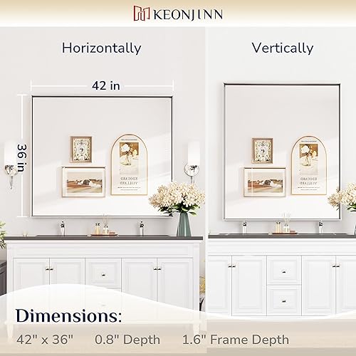 Miniatura 379 de Keonjinn Espejo de baño dorado de 48 x 36 pulgadas, espejo rectangular con marco de metal dorado cepillado, espejo de pared grande rectangular