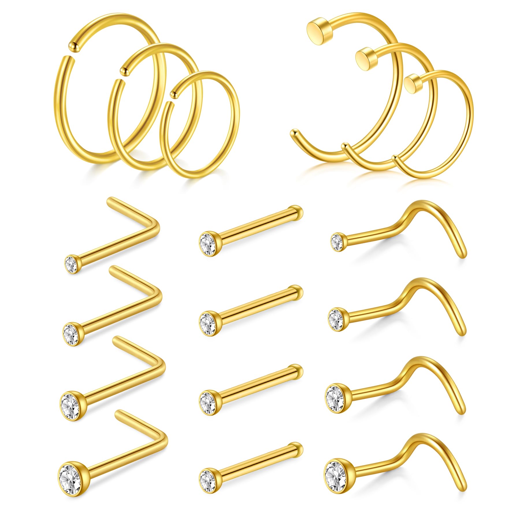 AVYRING Nose Rings Hypoallergenic Stainless Steel L-Shaped Nose Stud Screws with Cubic Zirconia Nose Piercing Jewellery 22G 20G 18G, Pack of 18 Pieces or 24 Pieces — view 14