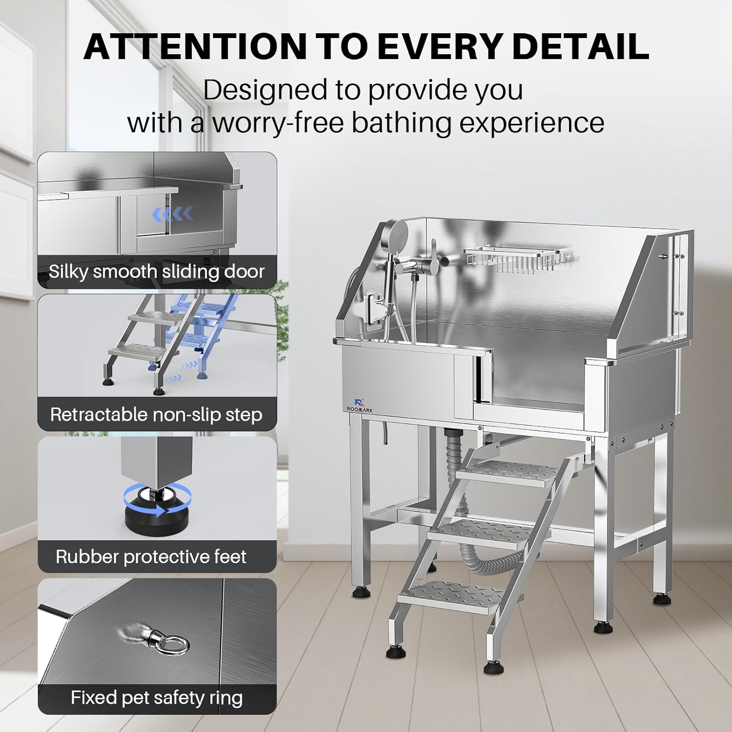Dog Bathtub, 34" Stainless Steel Dog Washing Station with Sliding Door, Steps, Faucet and Sprayer, Grooming Tub for Medium, Small Pets, Max 110LB (Right Door)