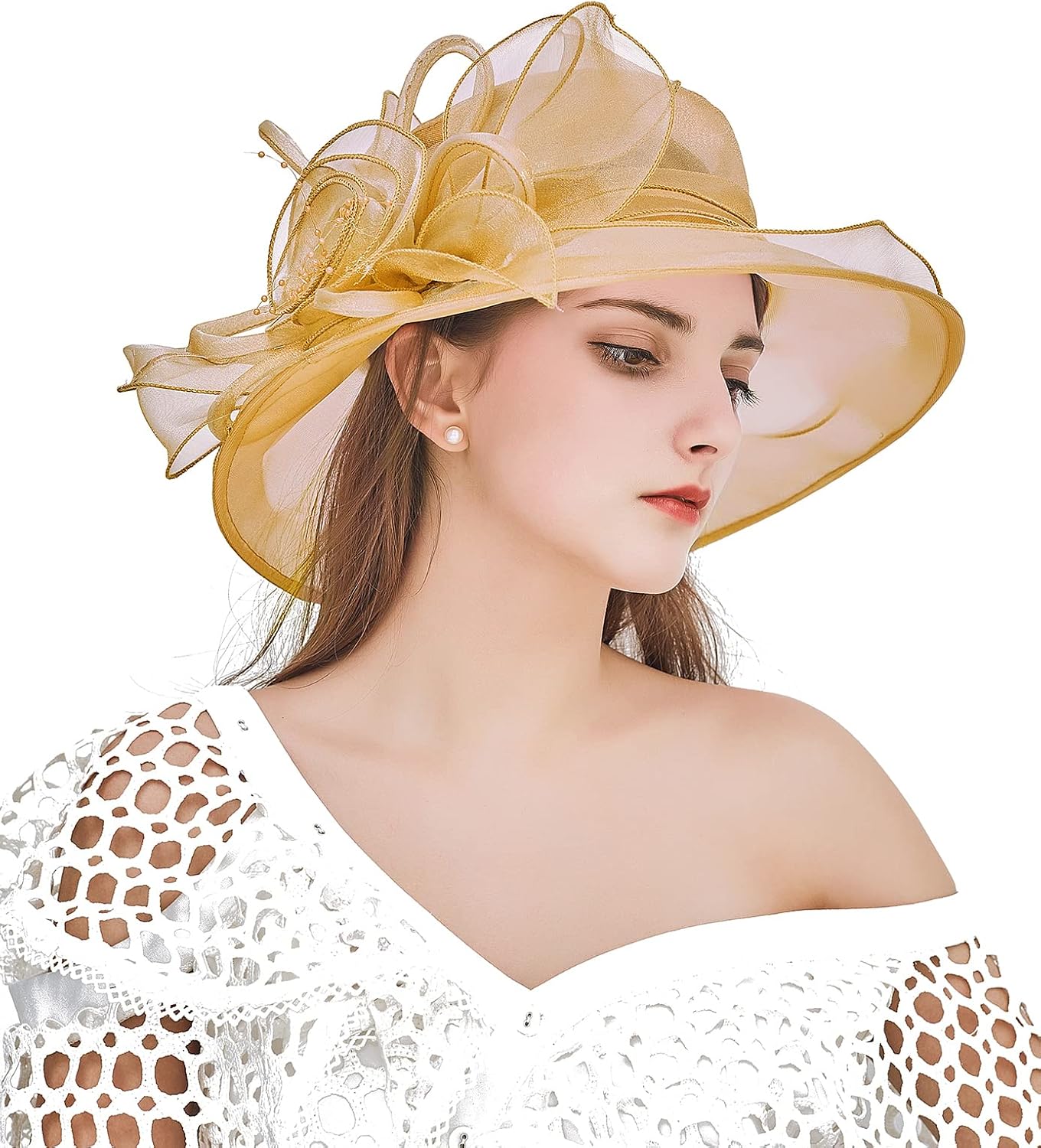 Z&X Organza Church Fascinator Wedding Tea Party Derby Hats for Women Flower Wide Brim Sun Hat - Image 3