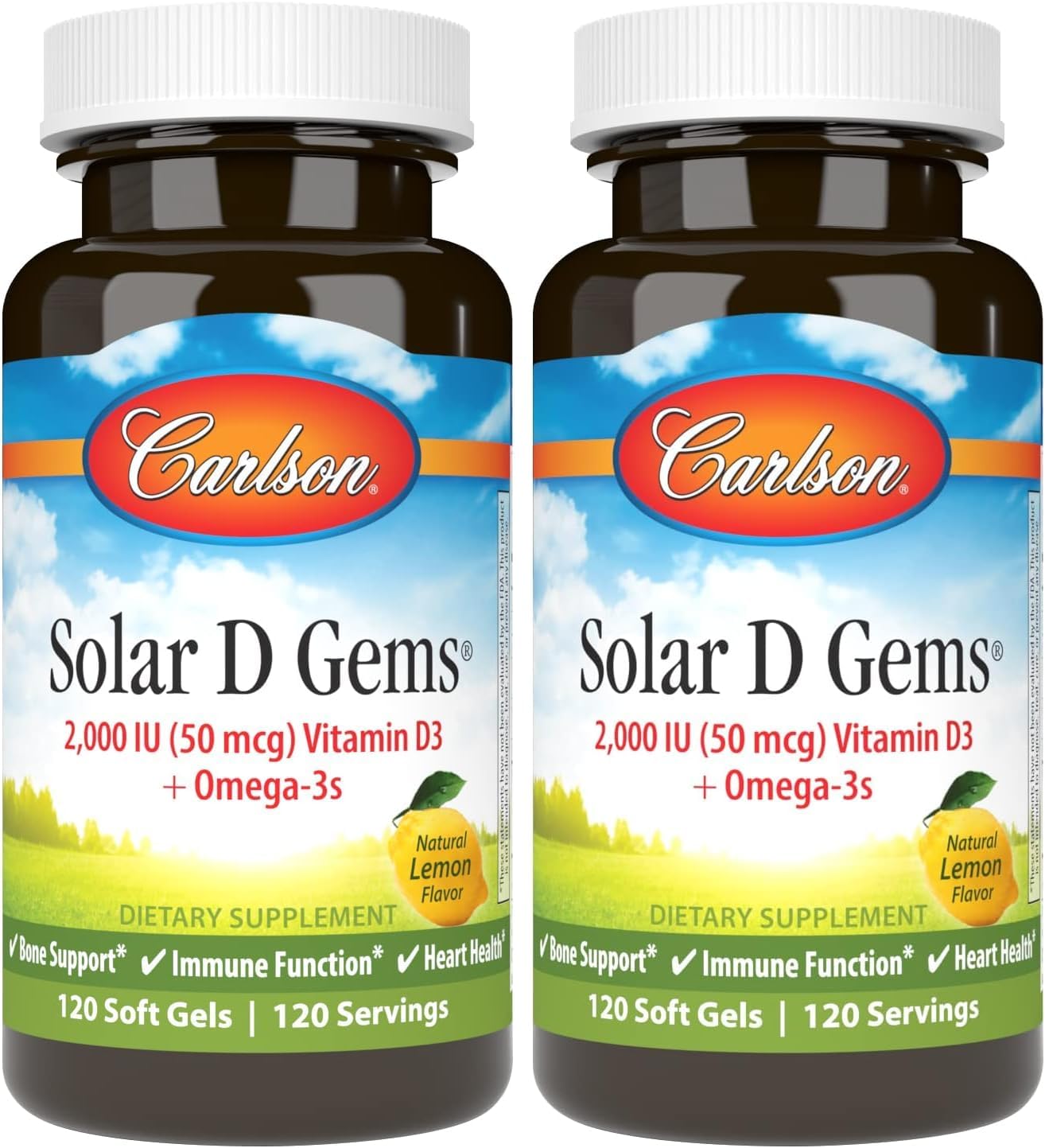 Carlson - Solar D Gems, Vitamin D3 and Omega-3 Supplement, 2000 IU Vitamin D3, 115 mg Omega-3s EPA and DHA, Vitamin D Fish Oil Capsule, Bone & Immune Health, Vitamin D Supplement, Lemon, 360 Softgels