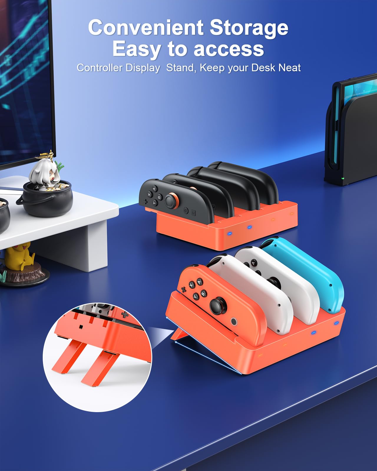 [Adatto per Switch 2&1] 4 in 1 Controller Stazione di ricarica per Nintendo Switch 2/Switch1/OLED, WAXITY Caricatore orizzontale magnetico veloce per Joy Con 2&1 con cavo di ricarica USB (arancione)
