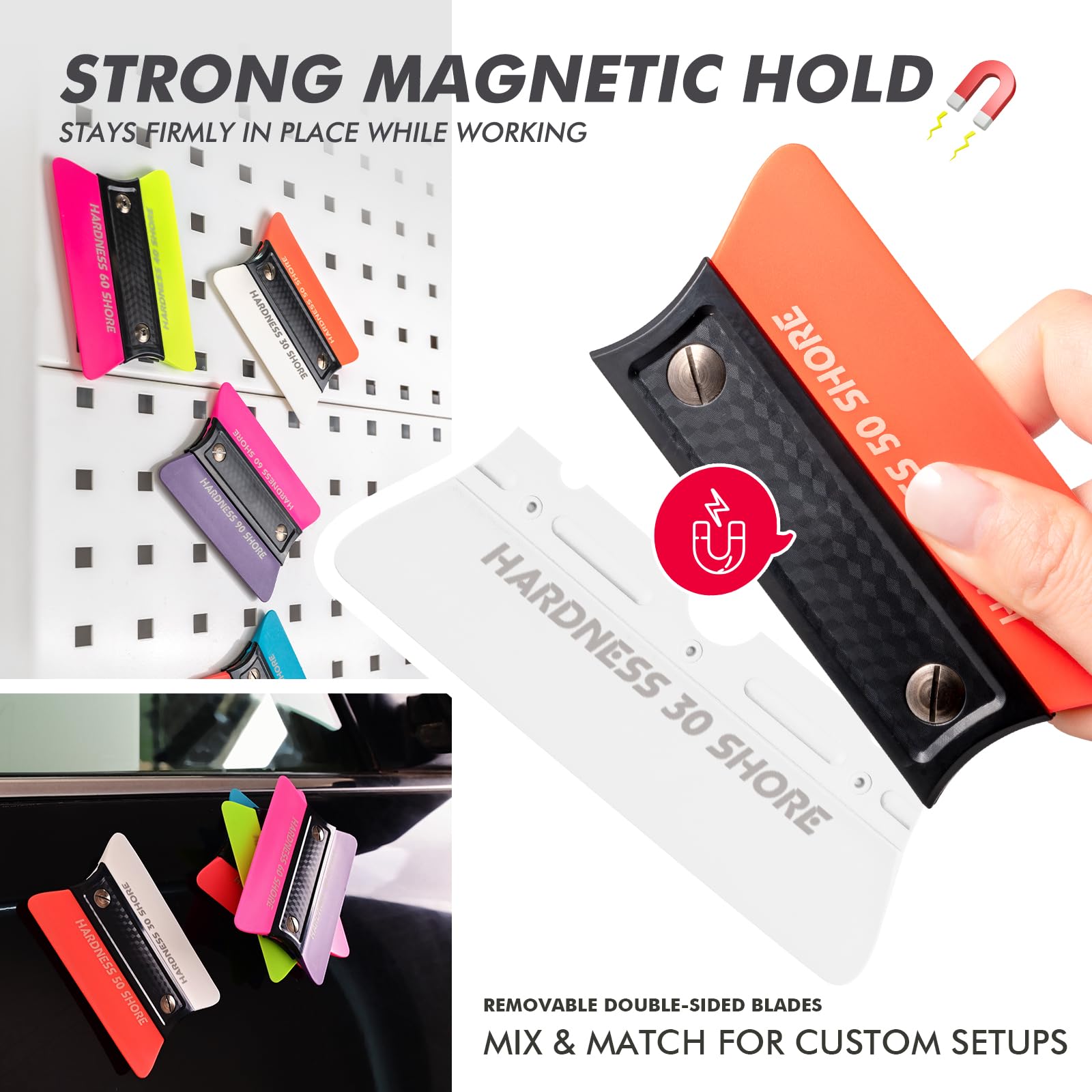 FOSHIO 4 Stück Magnetisch Rakel Set 7 Härte Folienrakel TPURakel mit Filzkante Filzrakel mit Abnehmbare doppelseitige TPU-Klinge, Fensterfolie Tönungsfolie Rakel für Auto