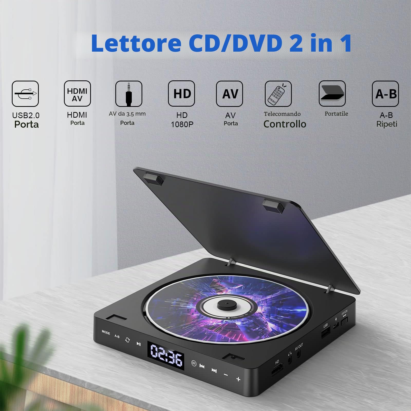 Gueray Lettore DVD per TV Tutte le regioni Free Portatile Mini DVD CD Lettore con HD 1080P HDMI/AV USB/3.5MM AUX Port, Includere Telecomando HDMI & Cavo AV (dvd-708)