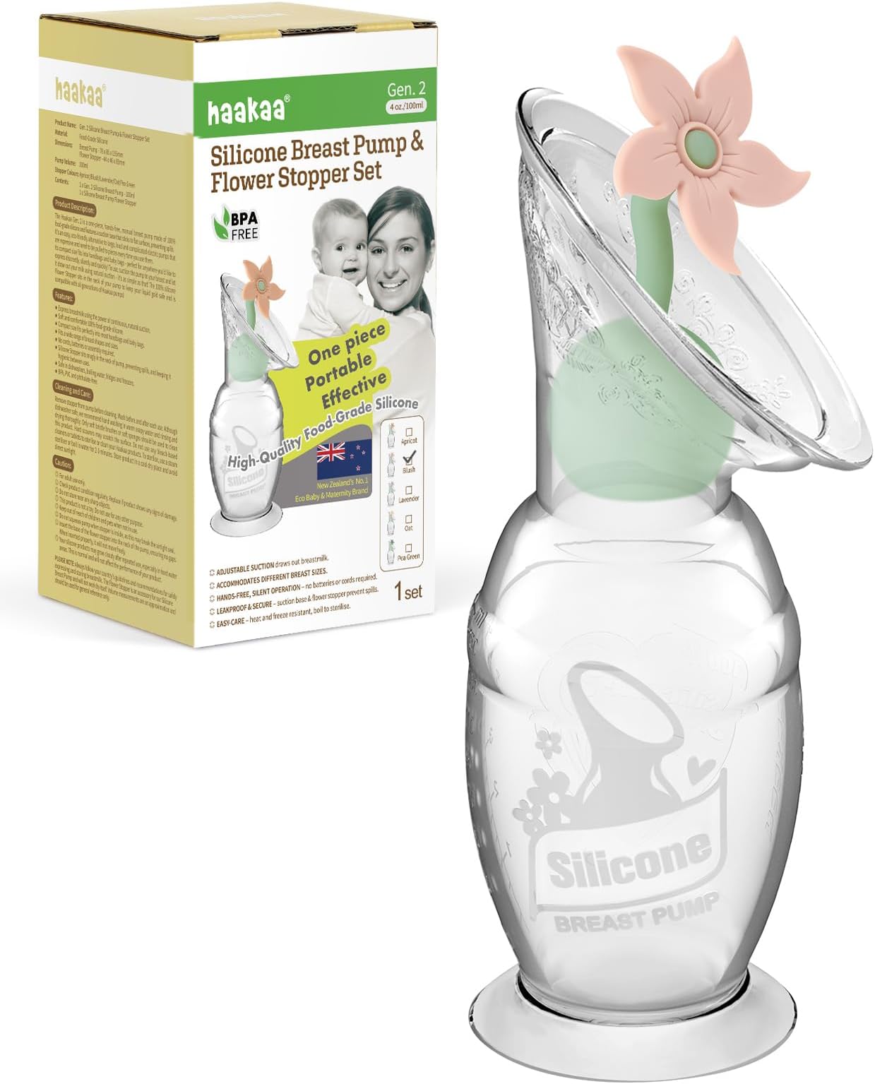 haakaa Manual Breast Pump with Flower Stopper Set, Gen.2 Silicone Hand Pump with Suction Base, BPA Free (4oz/100ml, Blush)