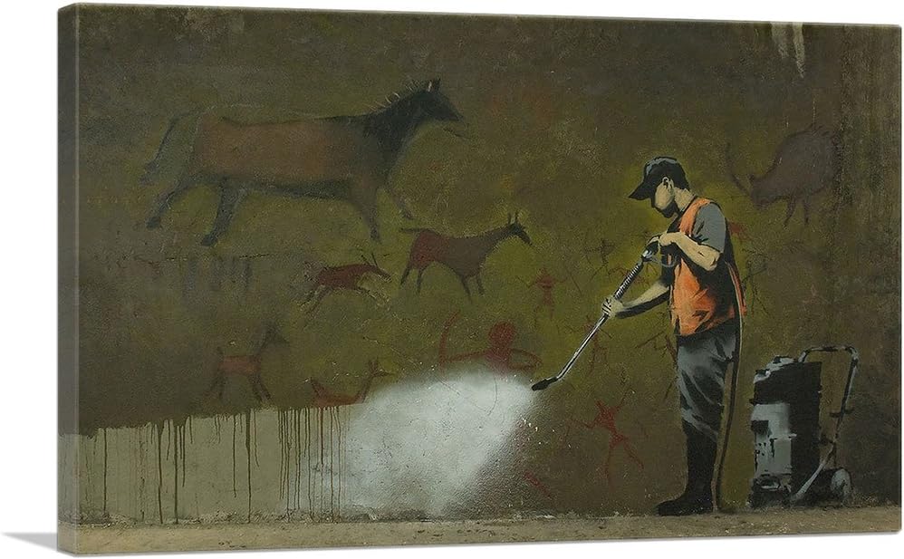 ARTCANVAS Cave Painting Canvas Art Print Stretched Framed Painting Picture Poster Giclee Wall Decor by Banksy - 26" x 18" (0.75" Deep)