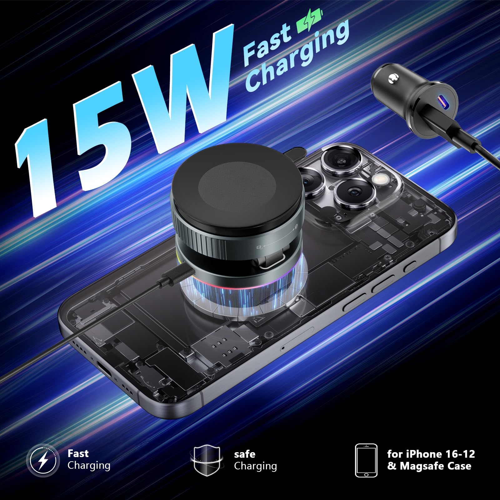15W Magnetische KFZ Handyhalterung mit Ladefunktion & Kabellosem Schnellladegerät, Autohalterung 360° Drehbar & Faltbar, Vakuum-Saugnapf, Kompatibel mit iPhone 17 16 15 14 & Samsung (Grau)