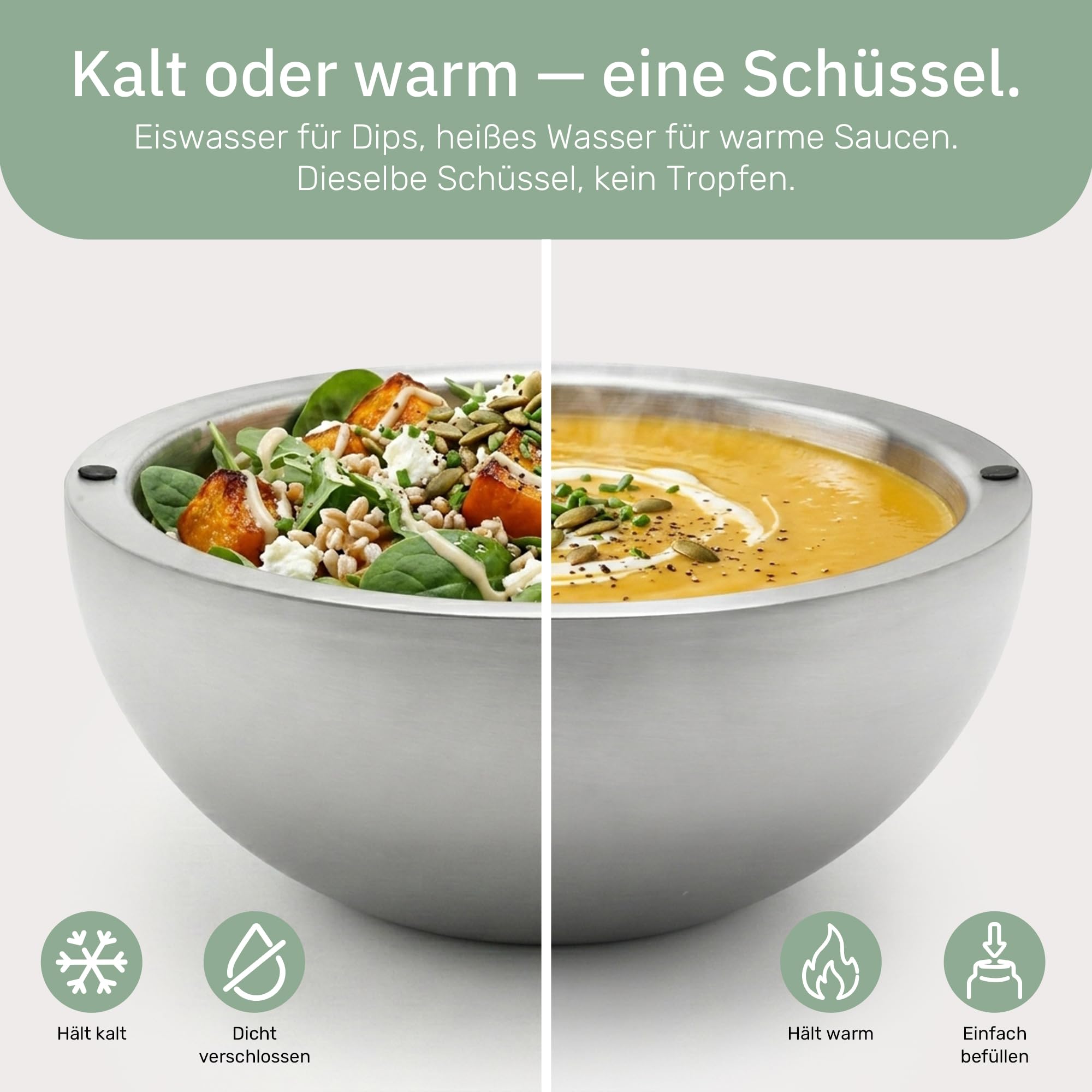 Useful Co. Dipschalen Set, Doppelwandige Isolierschüssel — Einfrieren für kalte Dips, Heißes Wasser für warme Speisen, Snackteller & Salad Bowl, Edelstahl, 530 ml & 1 l (2er-Set)
