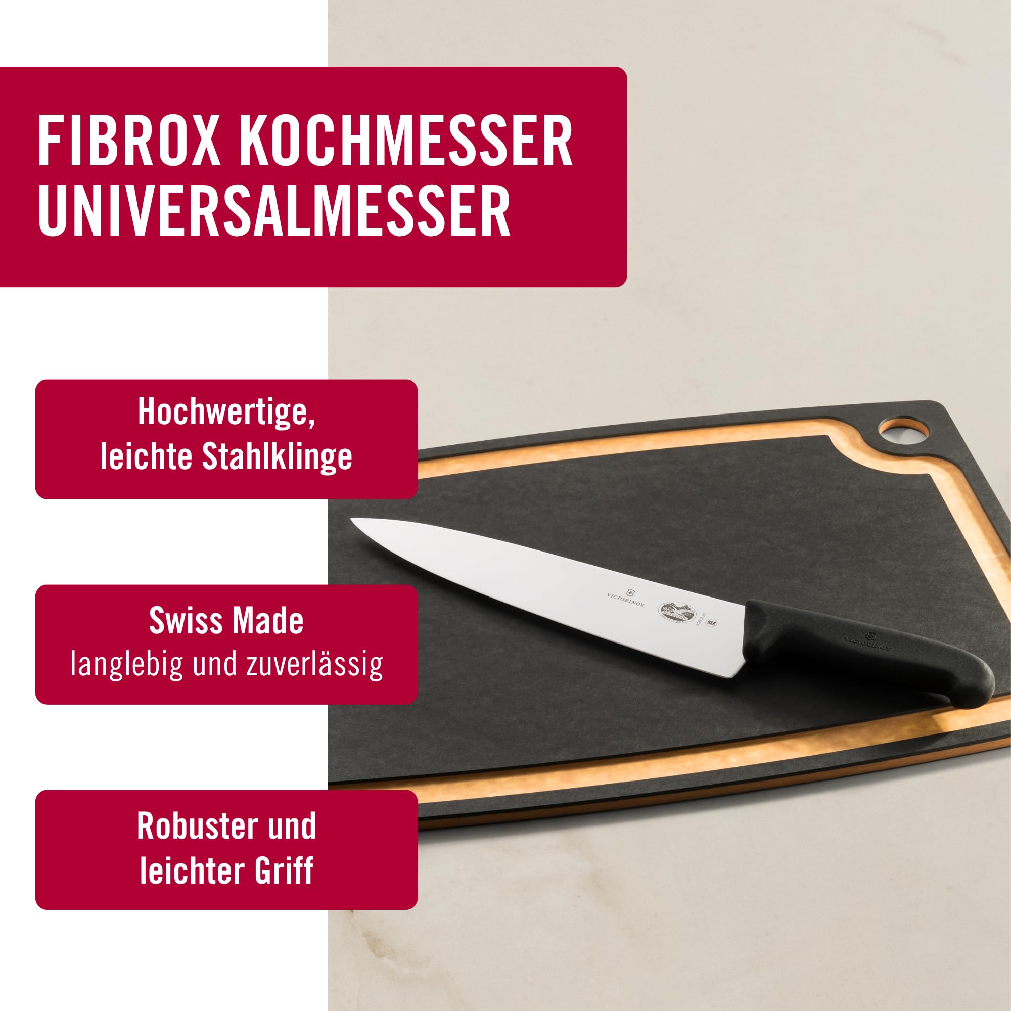 Victorinox Fibrox Kochmesser, Breites Universalmesser für Fleisch, Fisch, Gemüse und Kräuter, 25 cm, Gerade Klinge, Scharf, HACCP geeignet, Schwarz