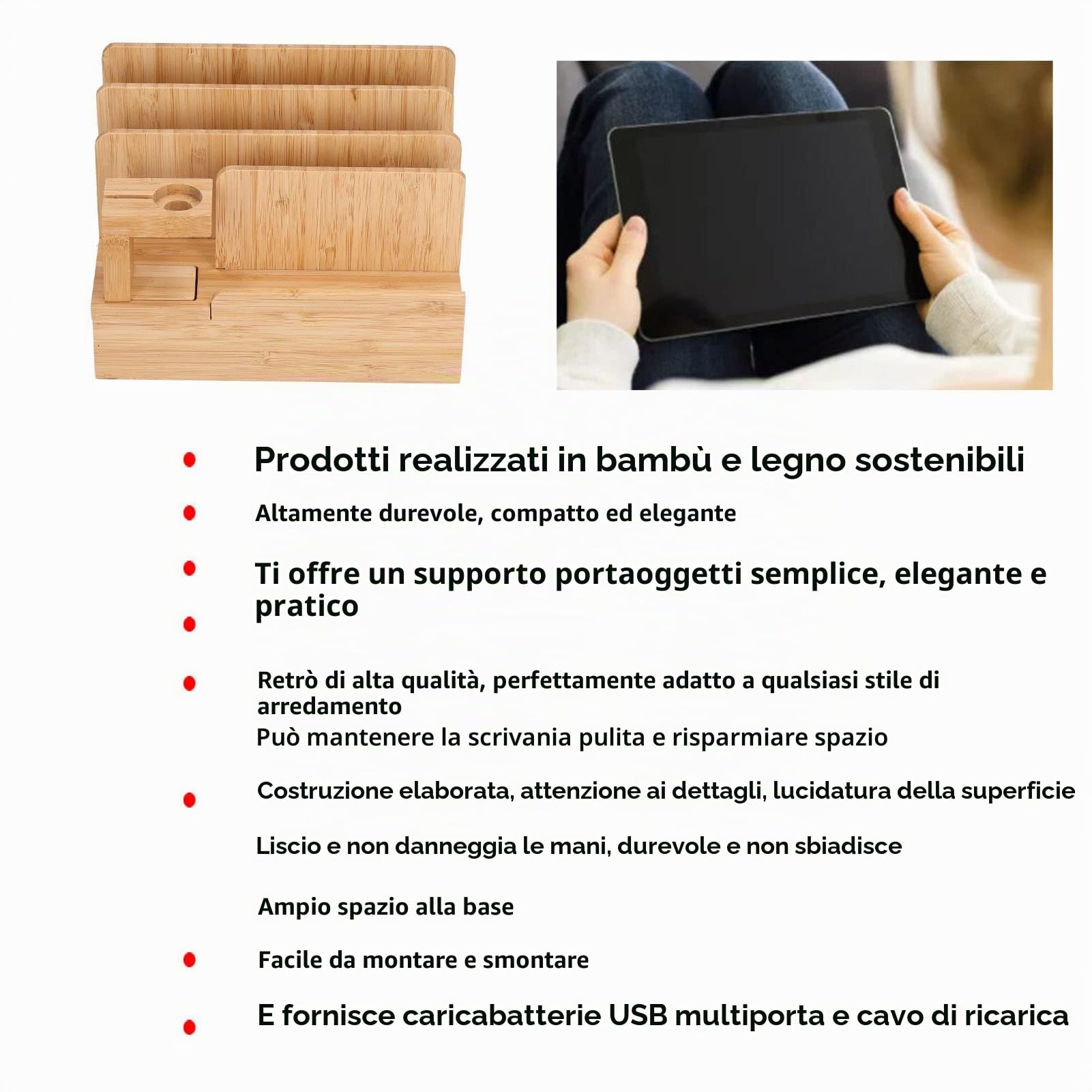 Stazione di Ricarica per Cellulare,Stazione di Ricarica in bambù,Organizzatore di stazioni di Ricarica in Legno per telefoni cellulari,Ricarica Multipla per più dispositivi