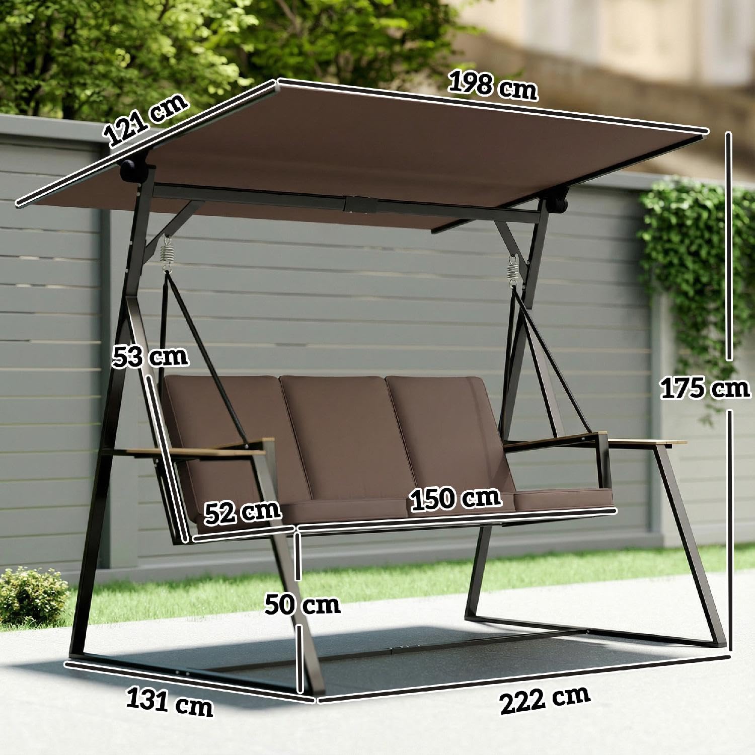 Dondolo da Giardino 3 Posti con Tettuccio Regolabile e Porta Bicchieri in Metallo Dimensioni 222x131x175 cm, Marrone