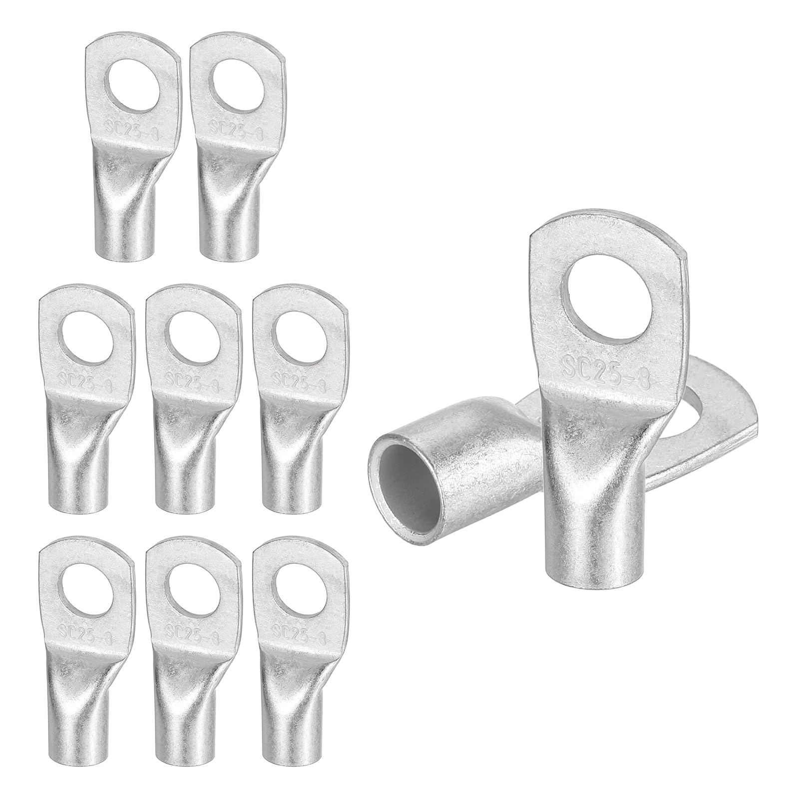sourcing map 10 Pcs Tinned Copper Wire Lugs 4AWG 21/64" Wire Connectors Marine Grade Battery Cable Ends Ring Terminals SC25-8NH Battery Cable Lugs, Silver