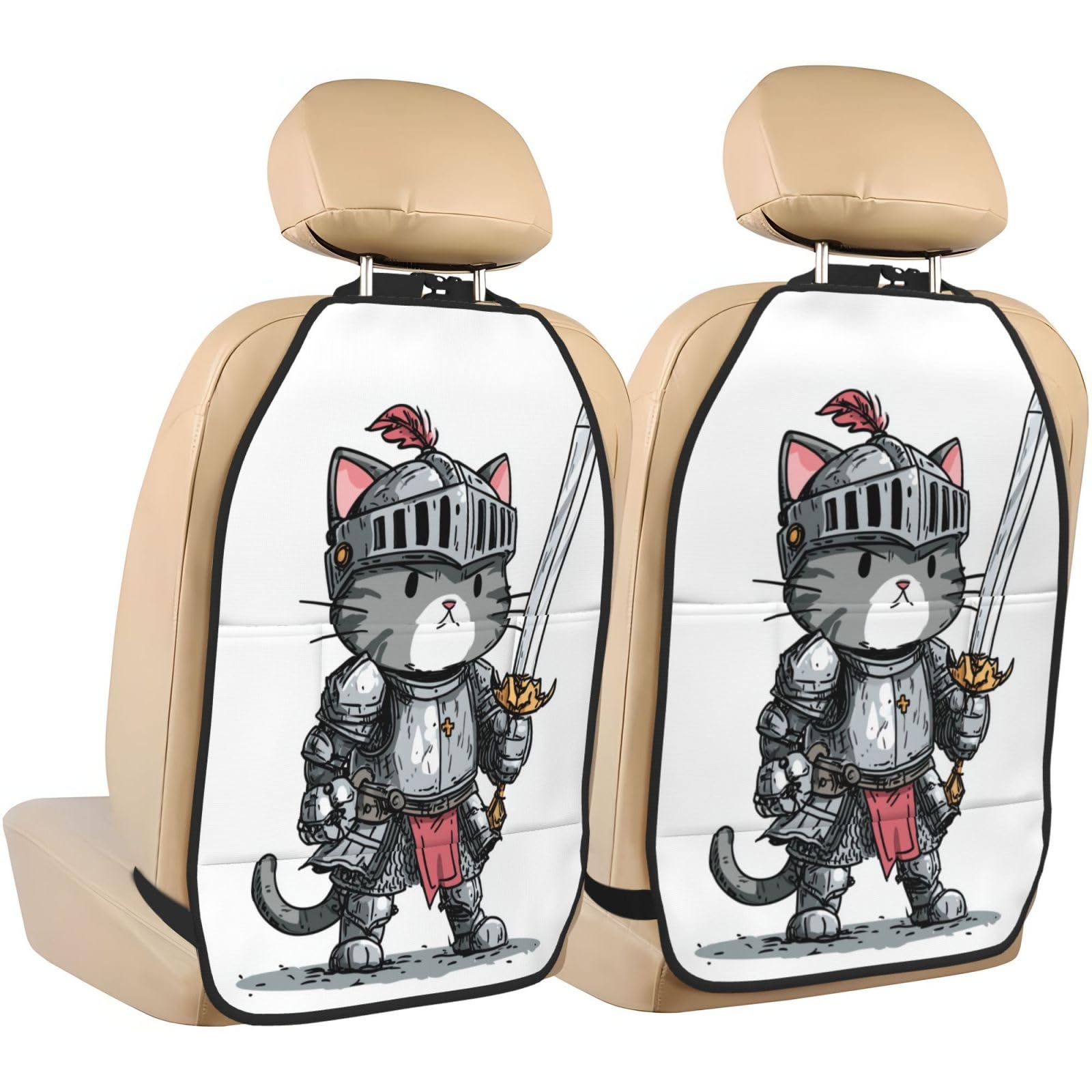 Funny Cartoon Cat With Sword Car Seat Back Kick Protectors,2 Pack Kick Mats With Storage Pockets For Vehicles To Protect From Dirt Mud Scratches