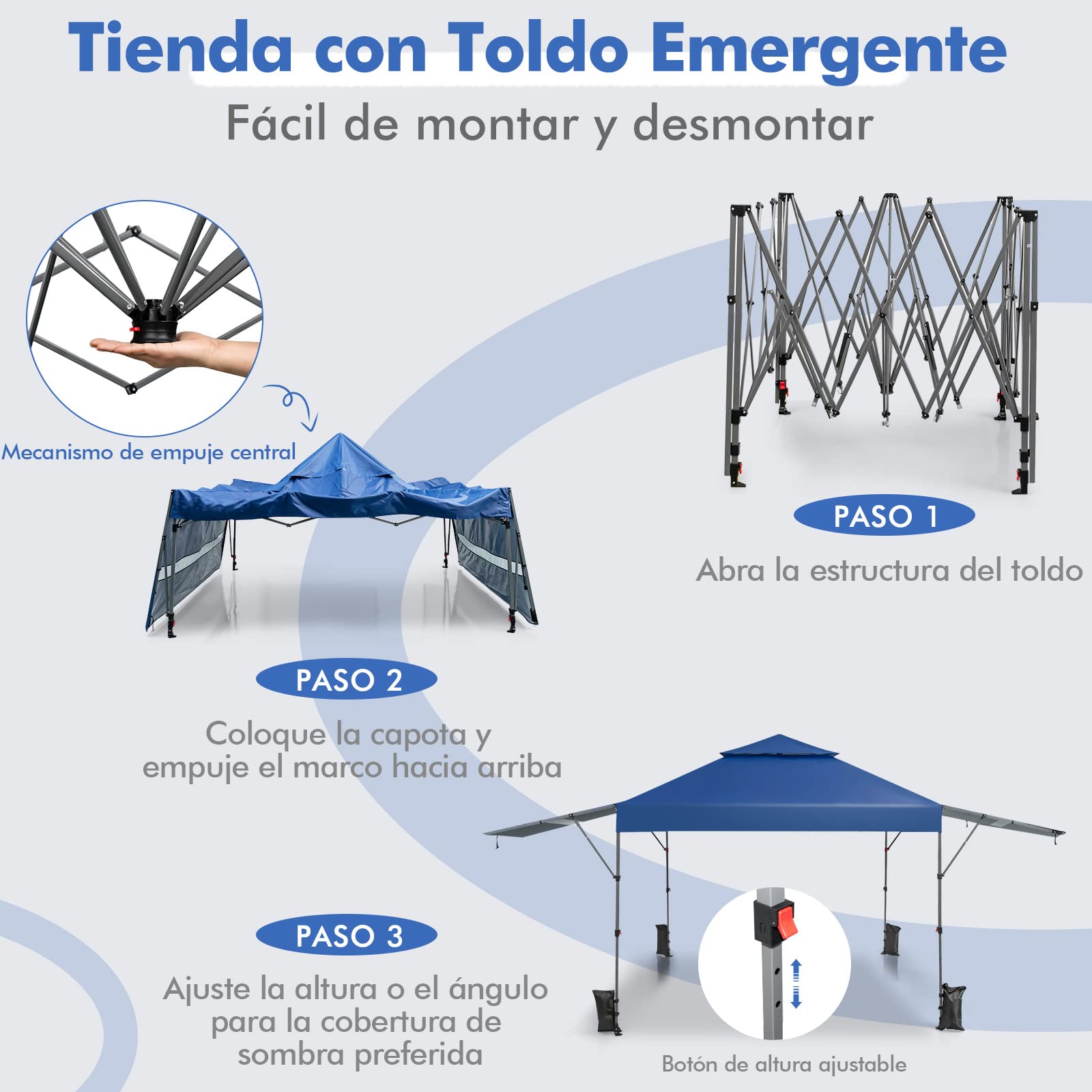 GOPLUS Carpa Plegable 3x3 Impermeable, Cenador con 2 Toldos Laterales Extensibles y Altura Ajustable, Carpa para Exteriores con Ruedas y Bolsa Portátil, UV50+, para Camping, Mercado (Azul)