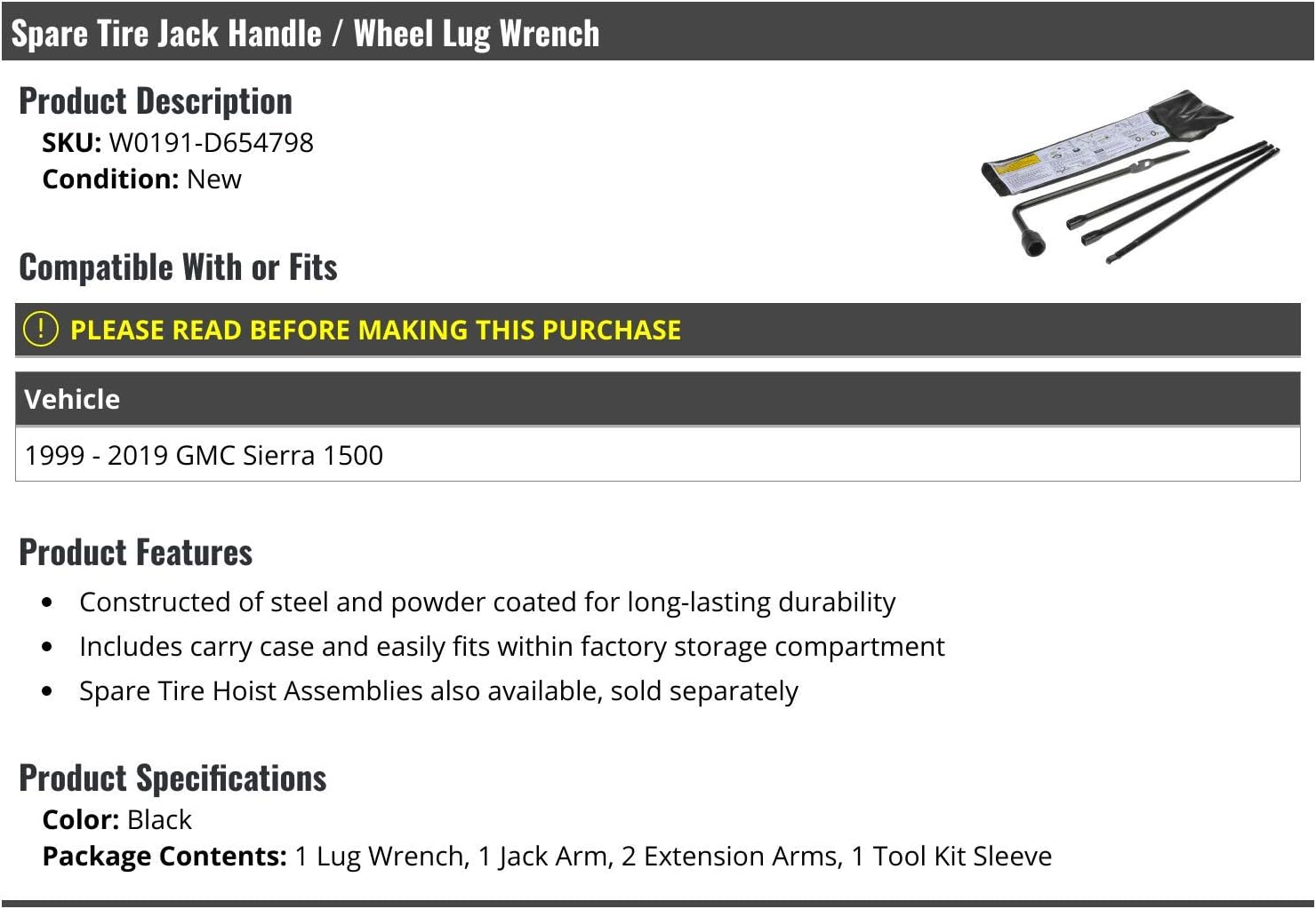 Spare Tire Jack Handle and Wheel Lug Wrench with Extension Arms and Tool Kit Sleeve - Compatible with 1999-2019 GMC Sierra 1500
