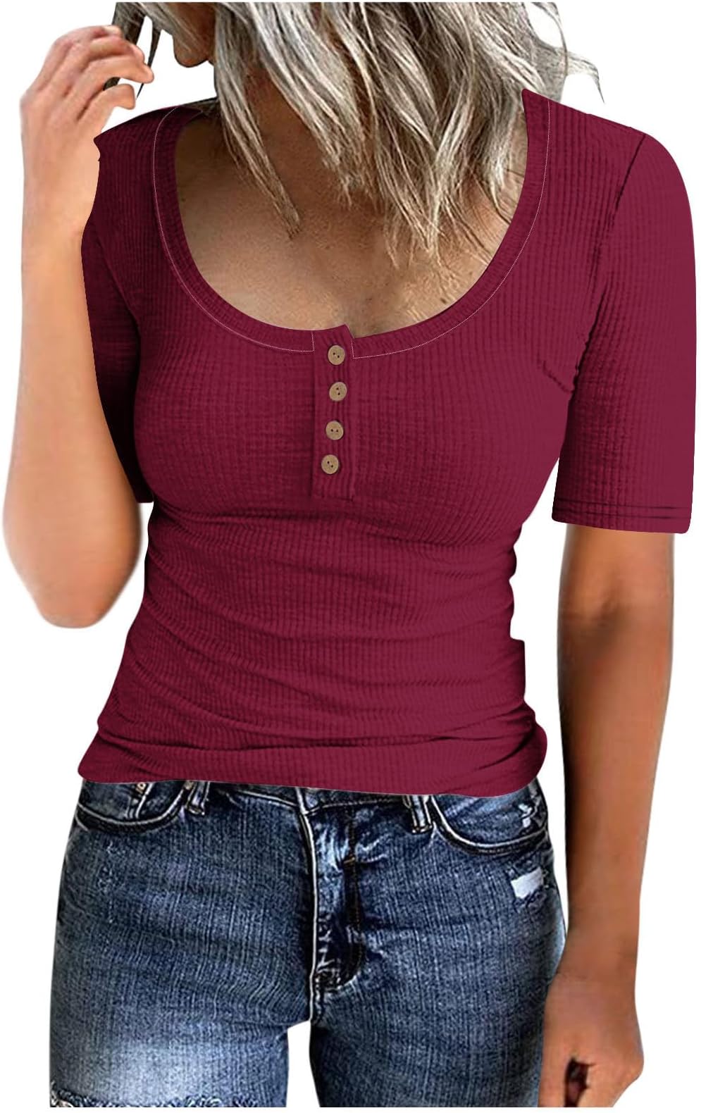 Womens Tops Ribbed Knit Slim Fitted T-Shirts Solid Low Cut Pullover Y2K Crop Top Short Sleeve Button Down Tshirts Business Work Tees Ladies Going Out Blouses UK Sale