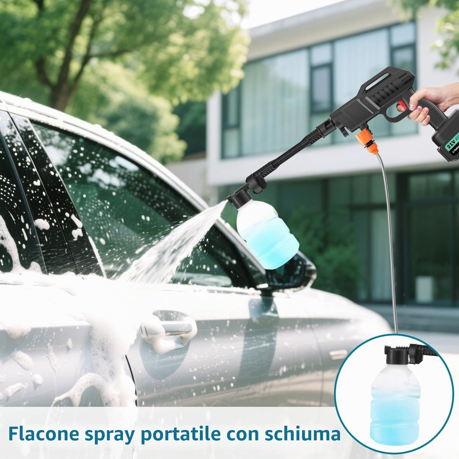 papasbox Rondella ad alta pressione a batteria 100 Bar 270 L/H Idropulitrice Potente Pistola portatile con 2 batterie 21V 3000mAh per auto terrazza 6 in 1 ugello 5m tubo