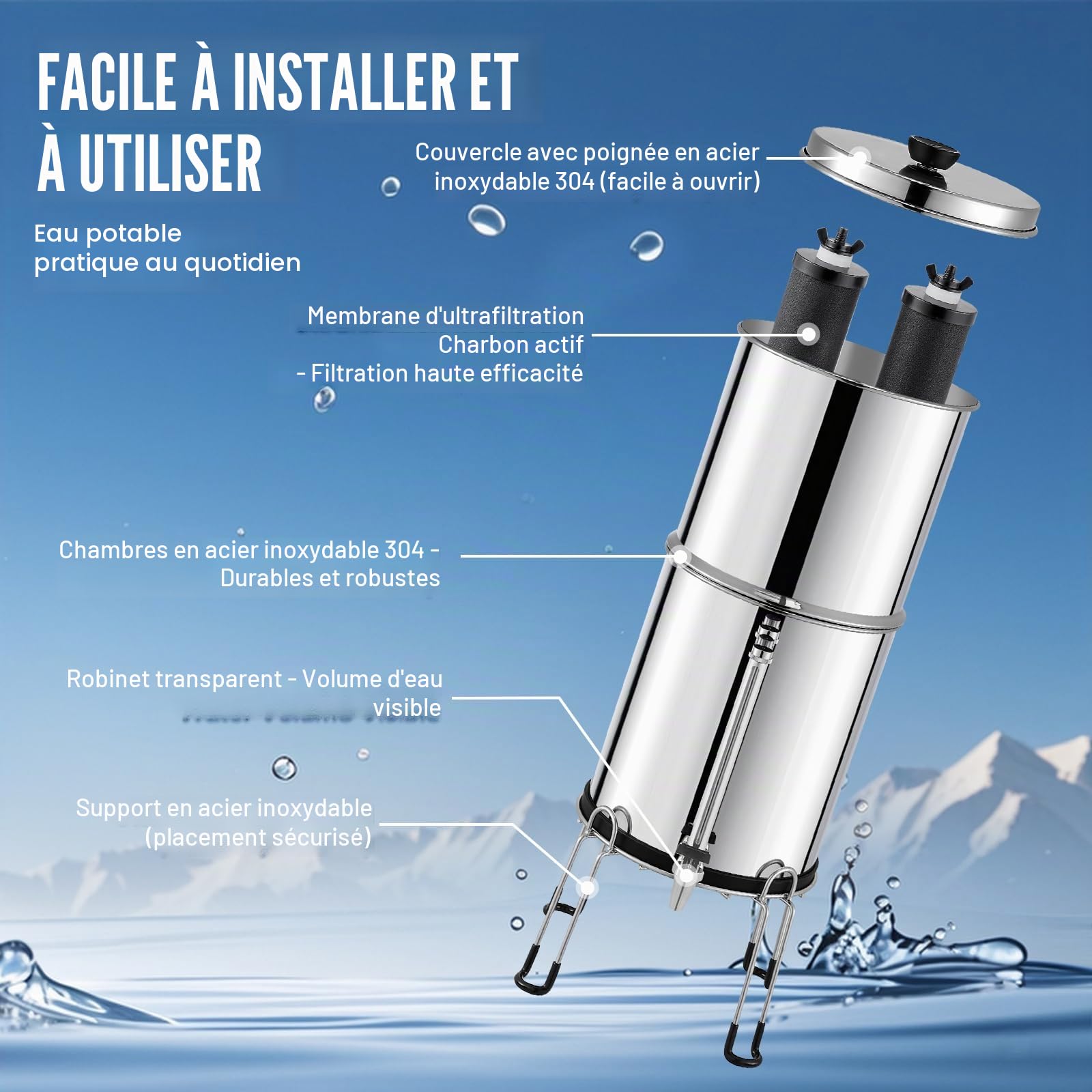 VEVOR Système de Filtration d'Eau par Gravité 8,5 L, Filtre à Eau par Gravité Réduction du Plomb et jusqu'à 99% du Chlore, en Inox 304, avec 2 Filtres à Charbon, Robinet, Niveau d’Eau et Support