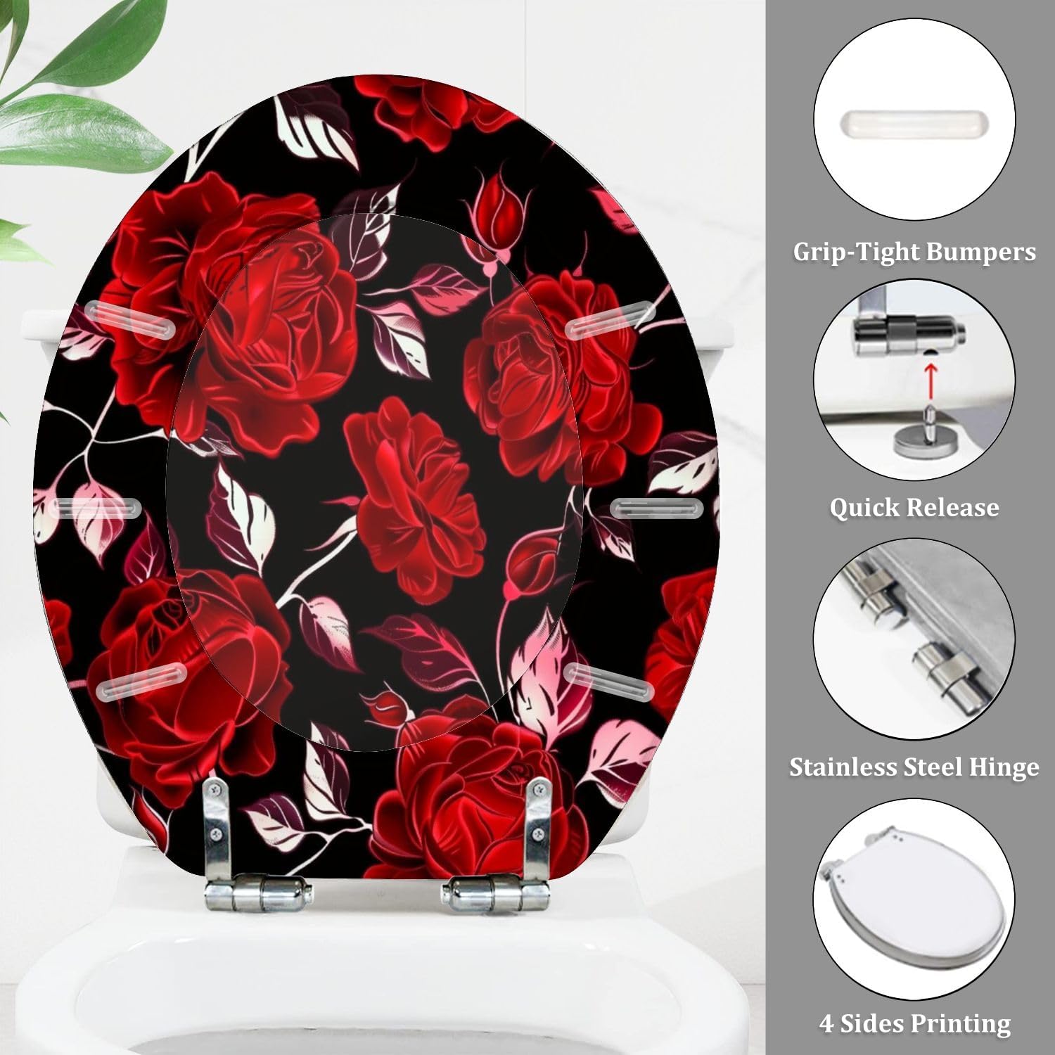 Round Toilet Seat Red roses black seamless pattern Resin Toilet Seat Quietly Close Quick Release Hinges Decorative Toilet Seat with Cover Easy to Install