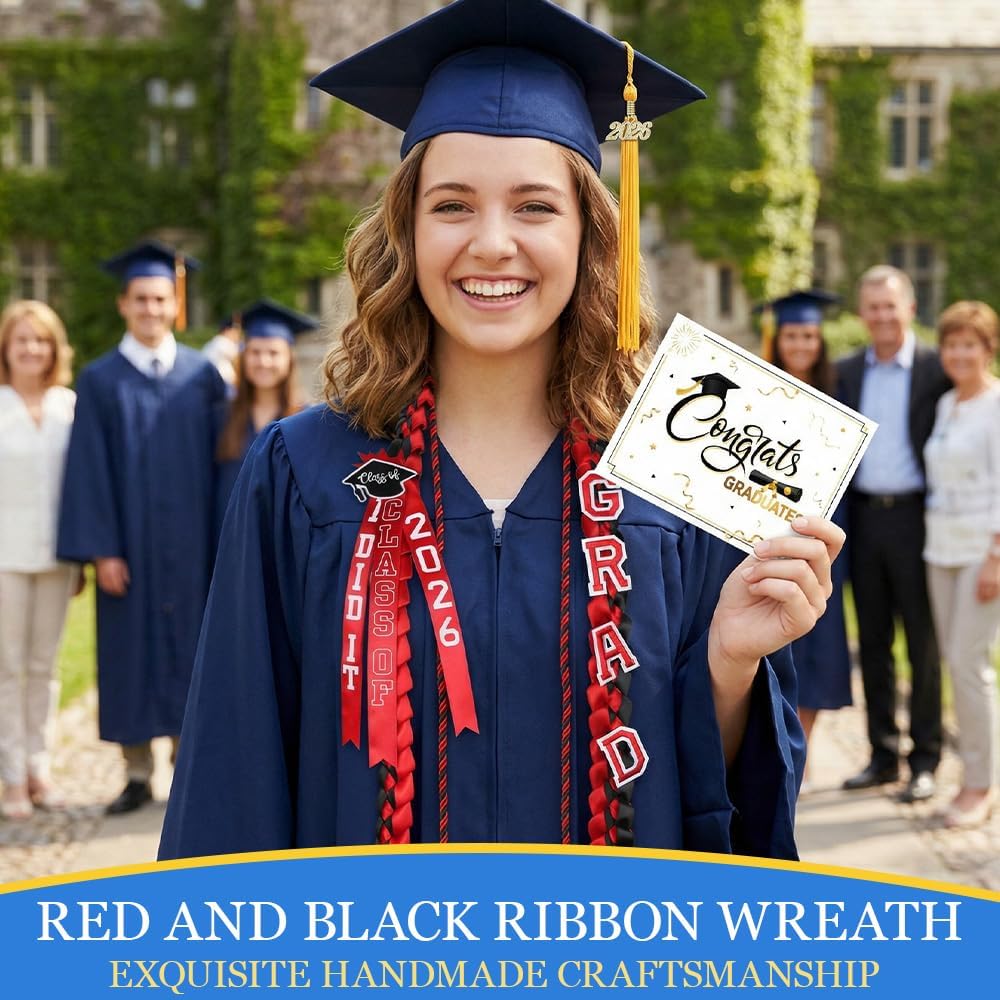 2026 Black Red Graduation Leis Honor Cords with Tassel and Cards, Class of 2026 Grad Embroidery Patches Party Supplies for High School College Graduation