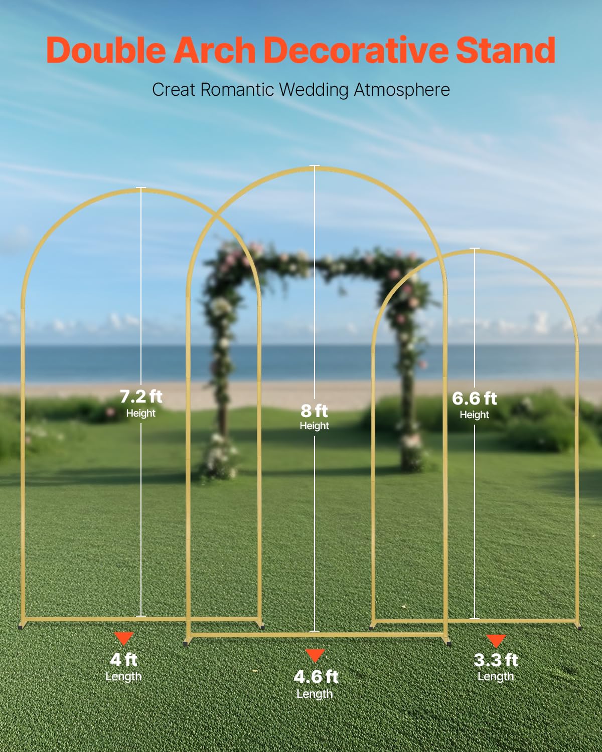 VEVOR Support de Fond Arche de Mariage, Lot de 3, Support Stable Métal, 2390 mm, 2200 mm, 1970 mm, Barre Transversale de Châssis, Facile à Assembler, pour Anniversaire, Célébration, Cérémonie, Doré