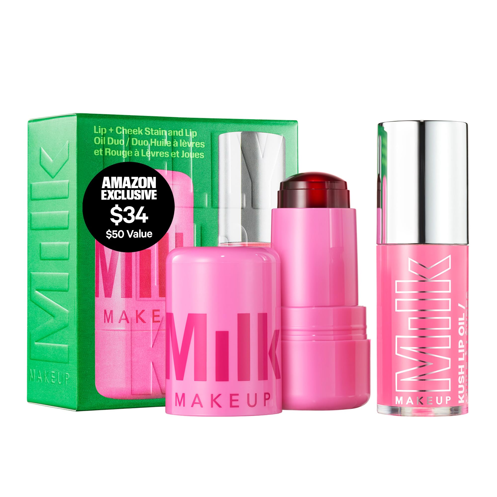 Milk Makeup Cooling Water Jelly Tint + KUSH Lip Oil Full Size Duo – Jelly Blush + Lip Stain and Sheer Gloss with High-Shine Finish – Burst (Poppy Pink) 0.17oz + Strawberry Haze (Light Pink) 0.18oz