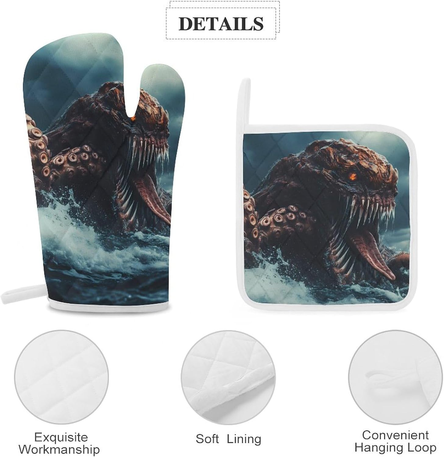 Sea Monster Monstrous Tentacles Oven Mitts and Pot Holders 4Pcs Set Heat Resistant Cooking Mitts Hot Pads