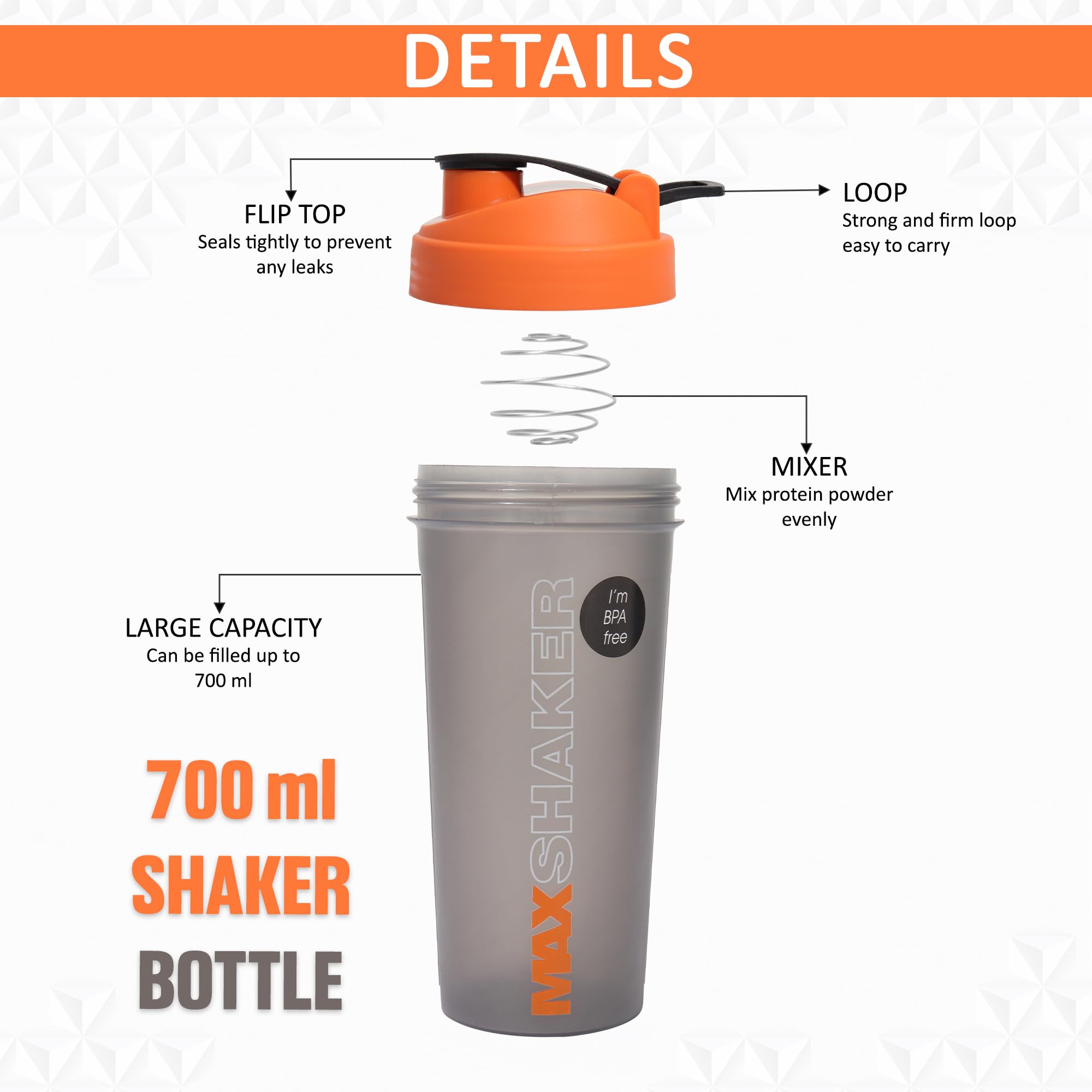 Jaypee Plus Max Shaker with blending ball |Protein Shaker for Gym |Gym Bottle |Shaker bottles | Travel shaker 700 ml, Grey Orange 1
