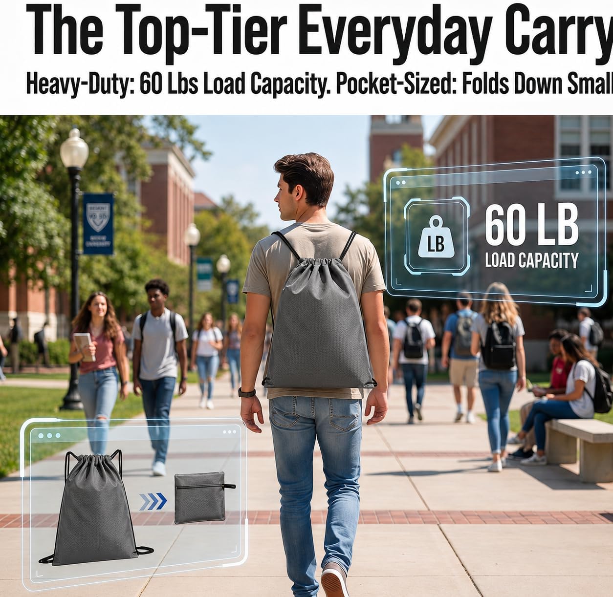Extra Large Drawstring Backpack,19.7" × 15.7", 60 lbs Waterproof Gym Sack image 3