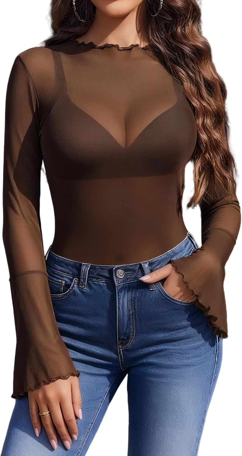 Avidlove Mesh Tops for Women Long Bell Sleeve Blouses Sexy Going Out Shirt Sheer Winter Outfits 2025