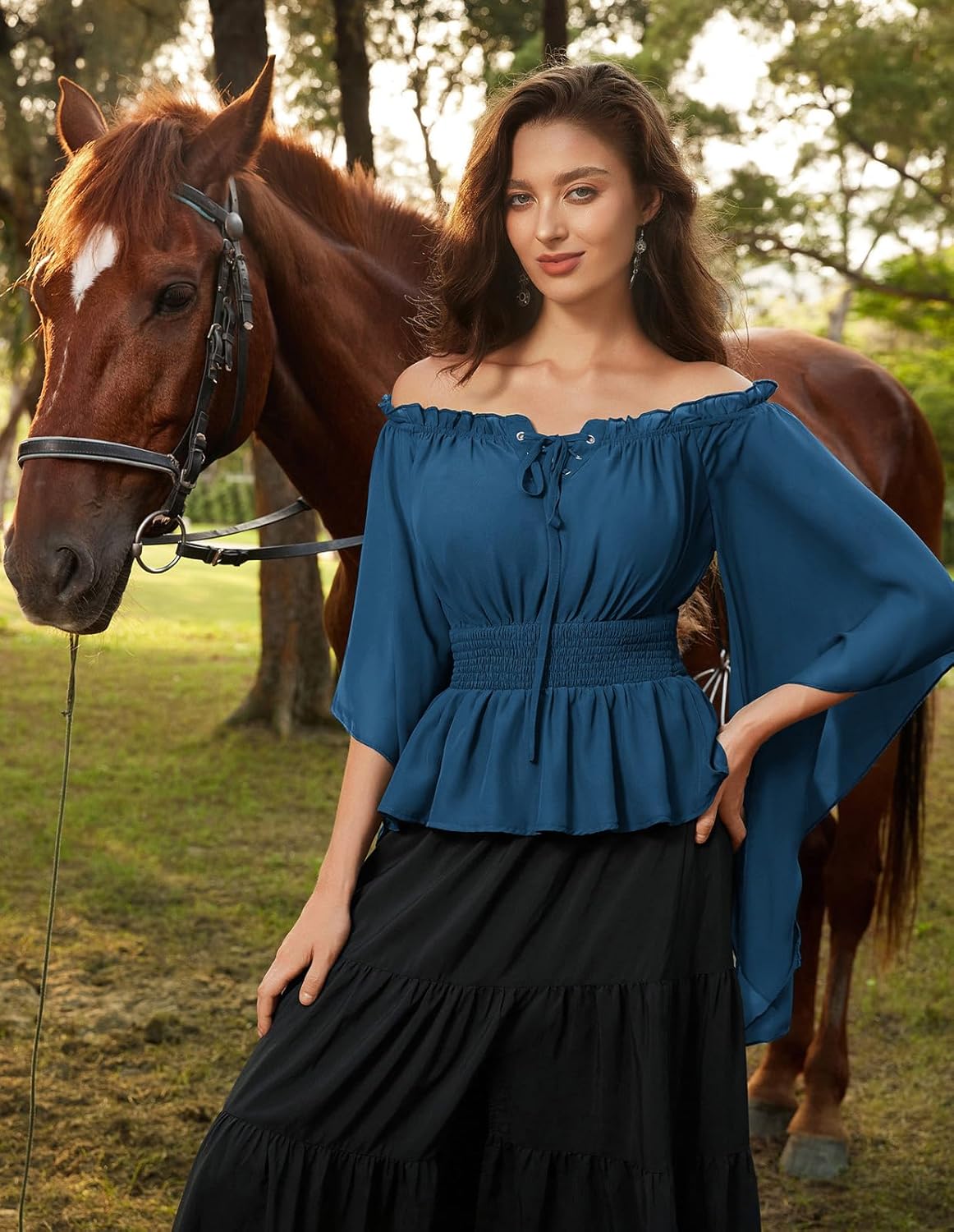 Scarlet Darkness Women Renaissance Shirt Off Shoulder Bell Sleeve Smocked Waist Tops Blouse