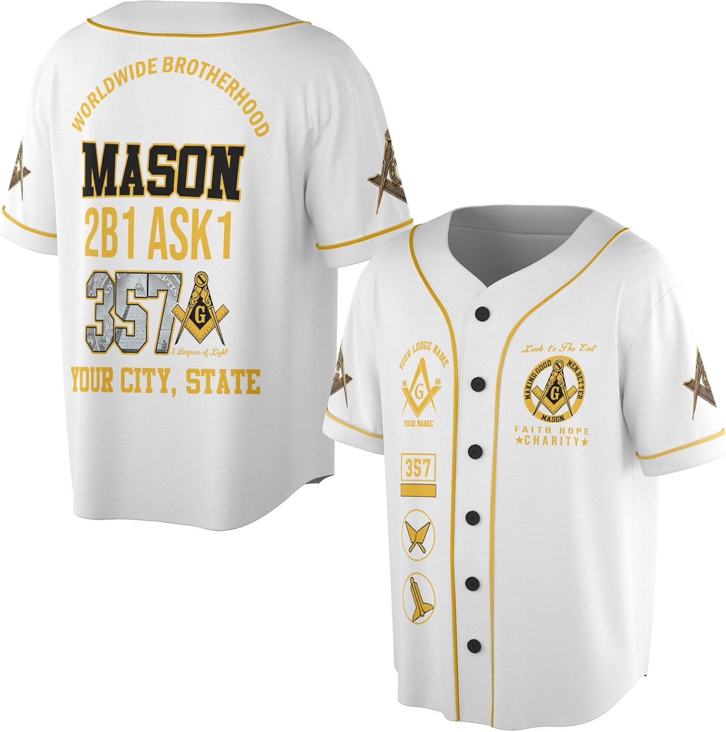Customize Name, Lodge Name Masonic Worldwide Brotherhood Mason 2B1 Ask1 357 Freemason 3D Baseball Jersey S-5XL